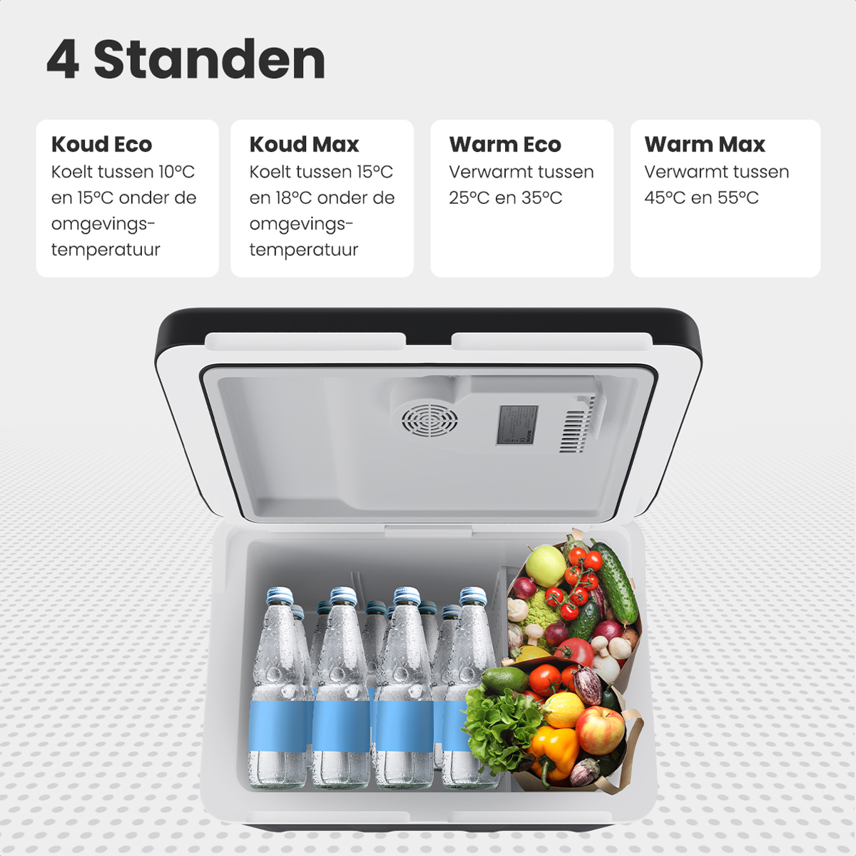 Un mini-réfrigérateur avec bouteilles et aliments. Le texte indique 4 modes : froid, chaud.