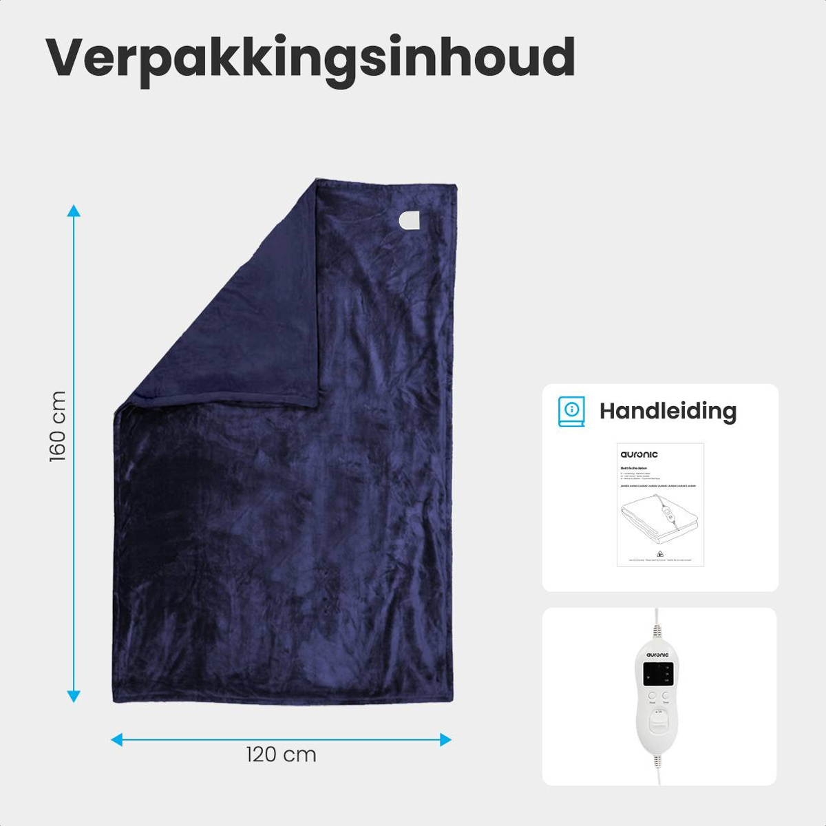 A dark blue blanket is shown open with dimensions, a manual and control panel are displayed.
