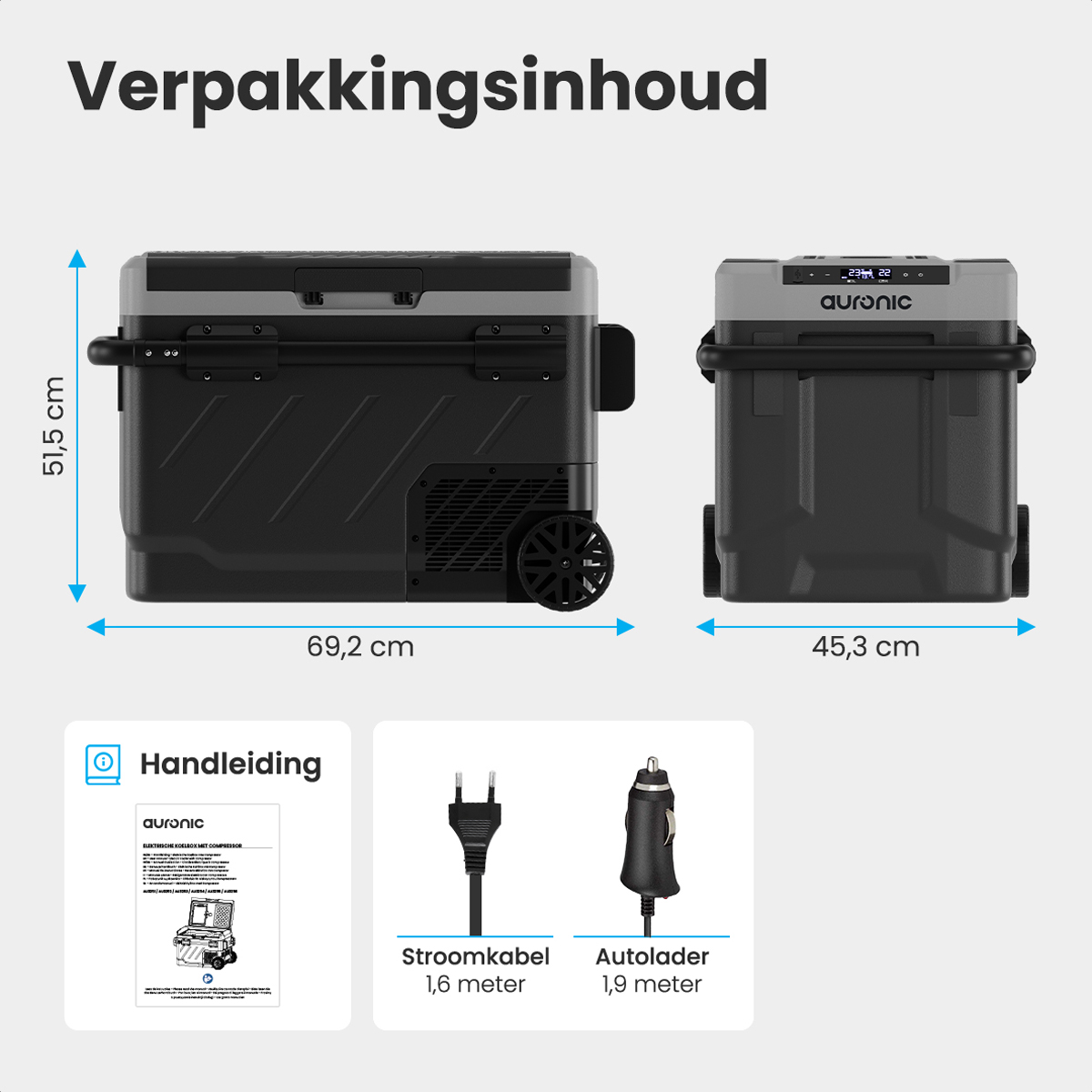Two coolers with their dimensions. Shows the contents of packaging like a manual and cables.