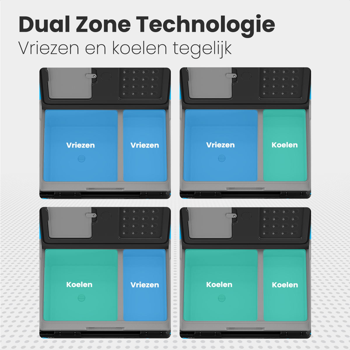 Diagram met een koeler met dual-zone technologie. Verschillende secties voor invriezen en koelen.