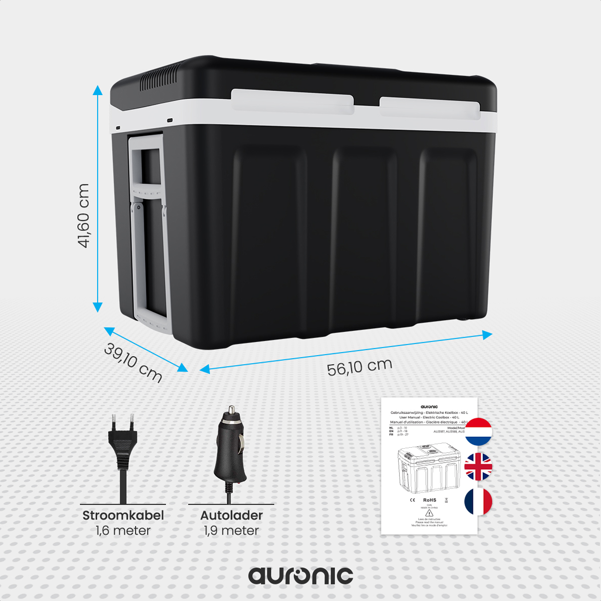 Une glacière portable noire avec mesures et cordons d'alimentation, avec un manuel et des drapeaux.