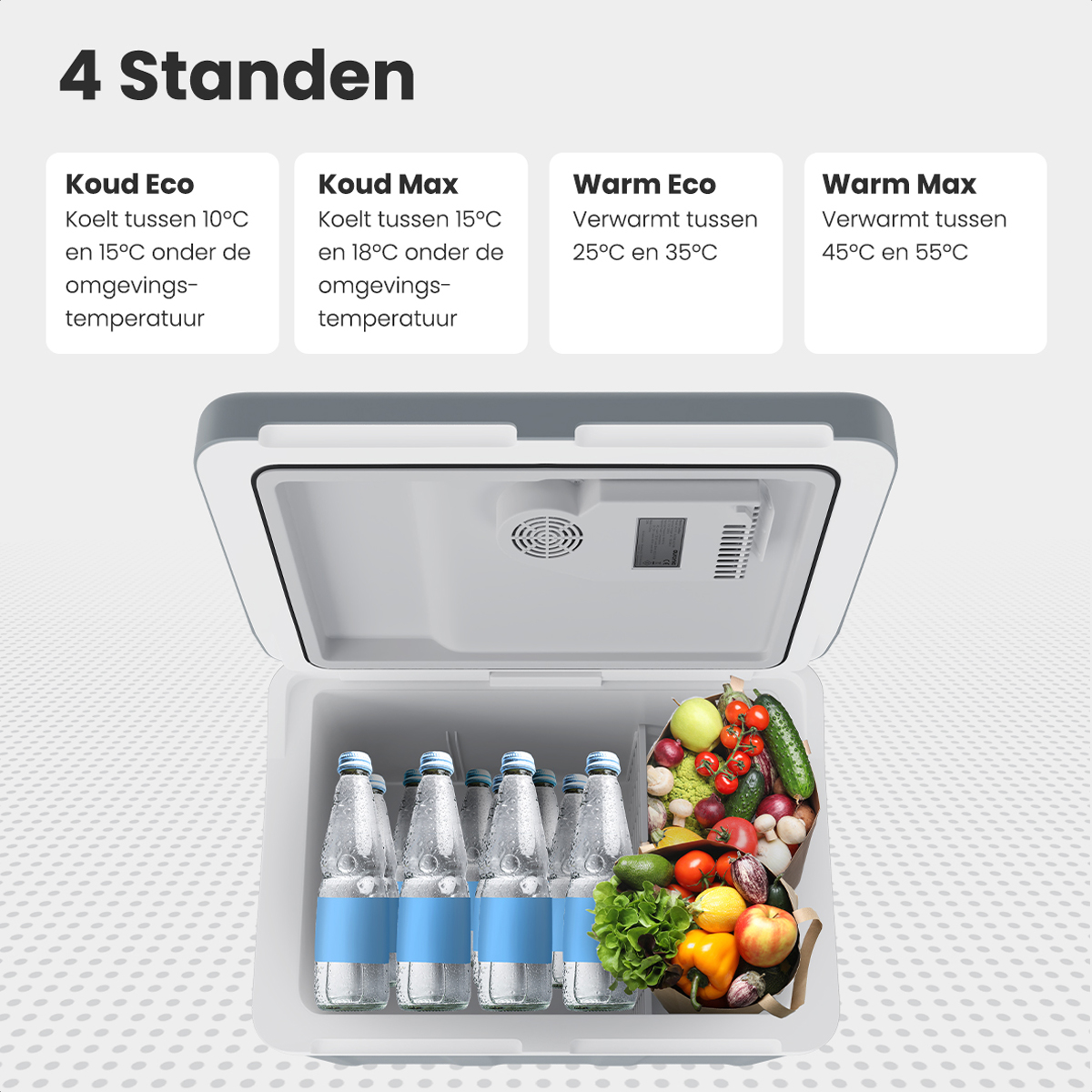 Une glacière avec des bouteilles et des aliments. La glacière a un panneau de contrôle et du texte indiquant les modes.