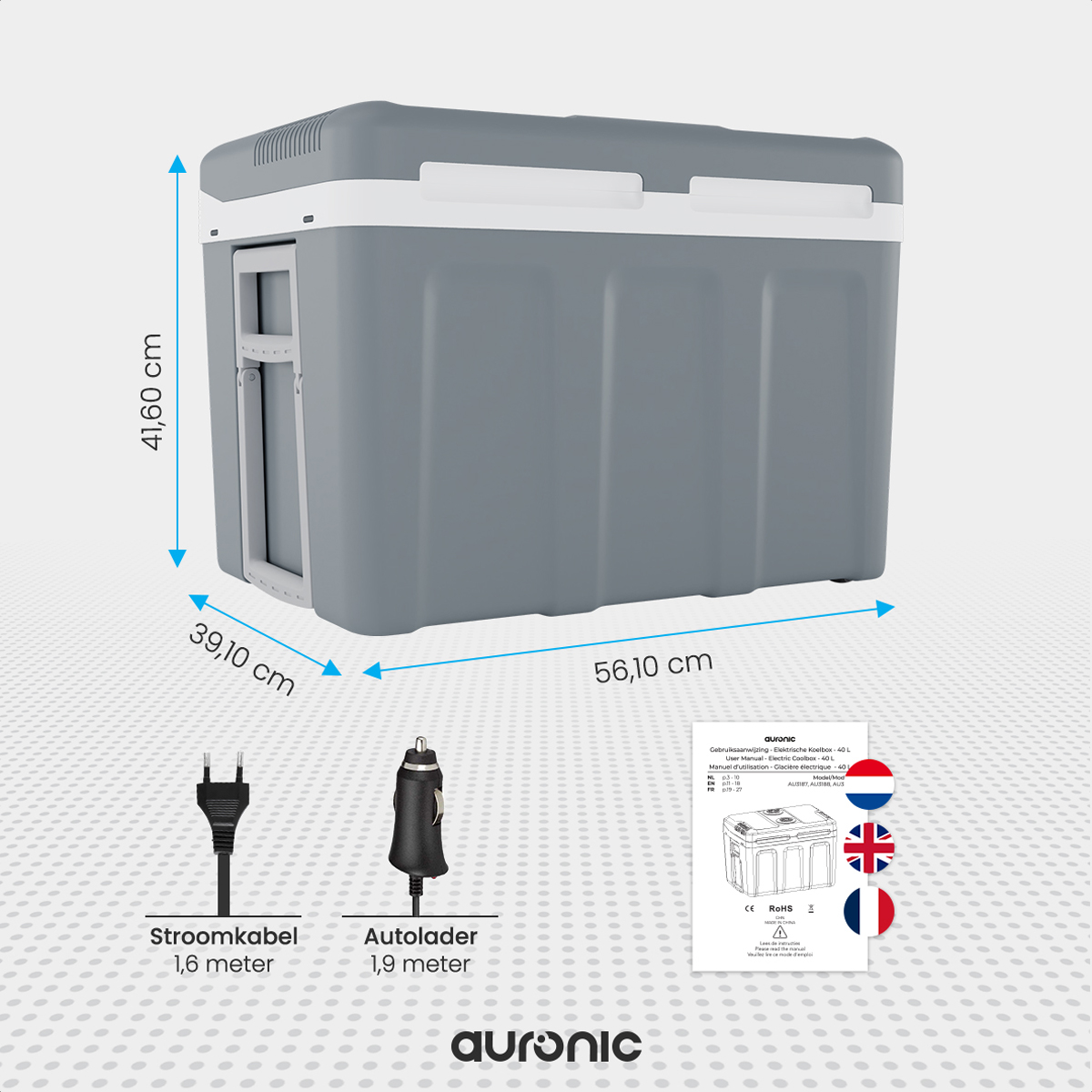 Une glacière grise avec dimensions, câble d'alimentation et chargeur de voiture sur fond clair.