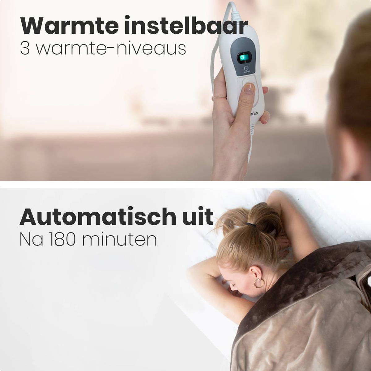 Hand adjusts a white heating pad control panel. The image shows a woman sleeping under a blanket.