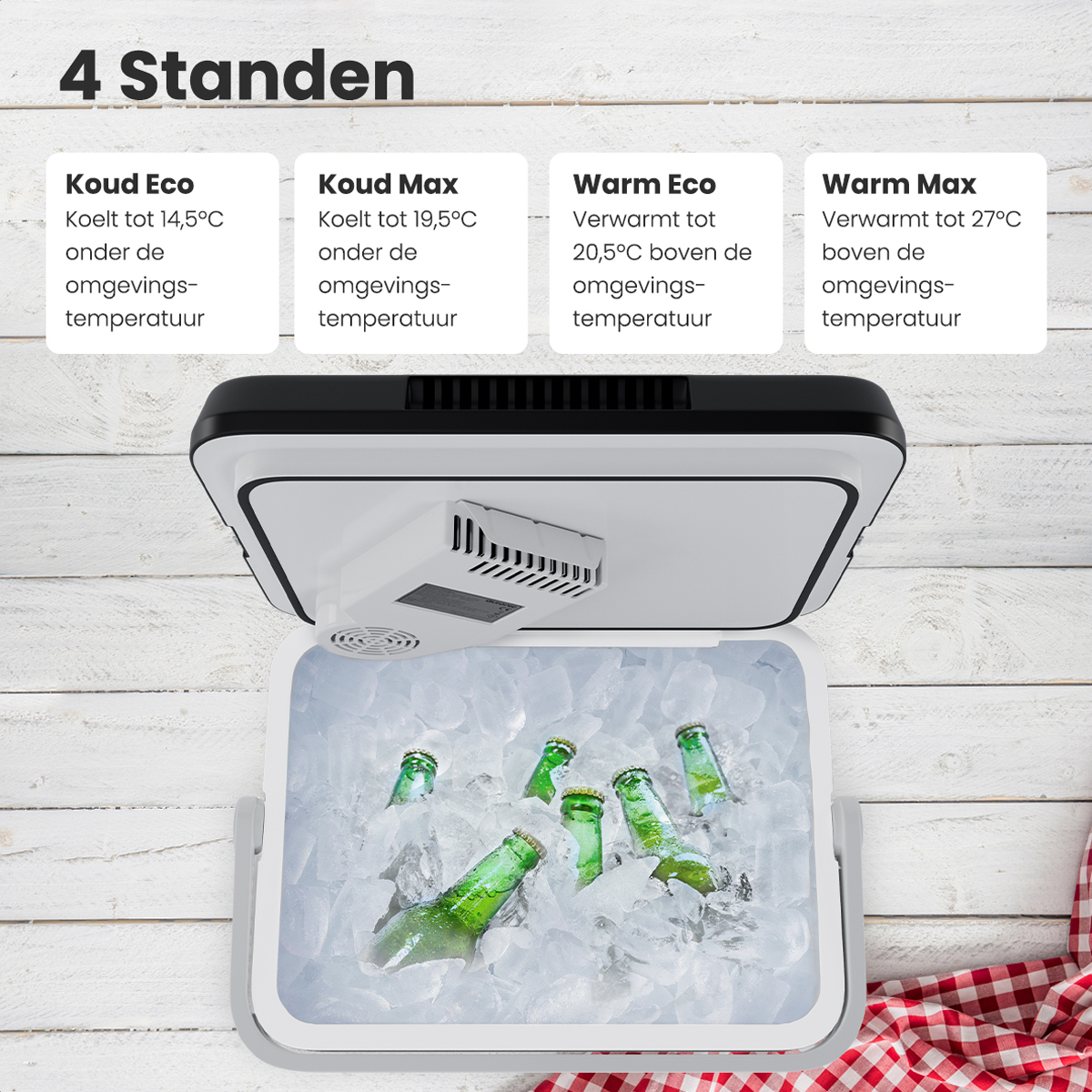 Koeler met open deksel, ijs en flessen binnenin, en vier beschrijvingen van temperatuurinstellingen.