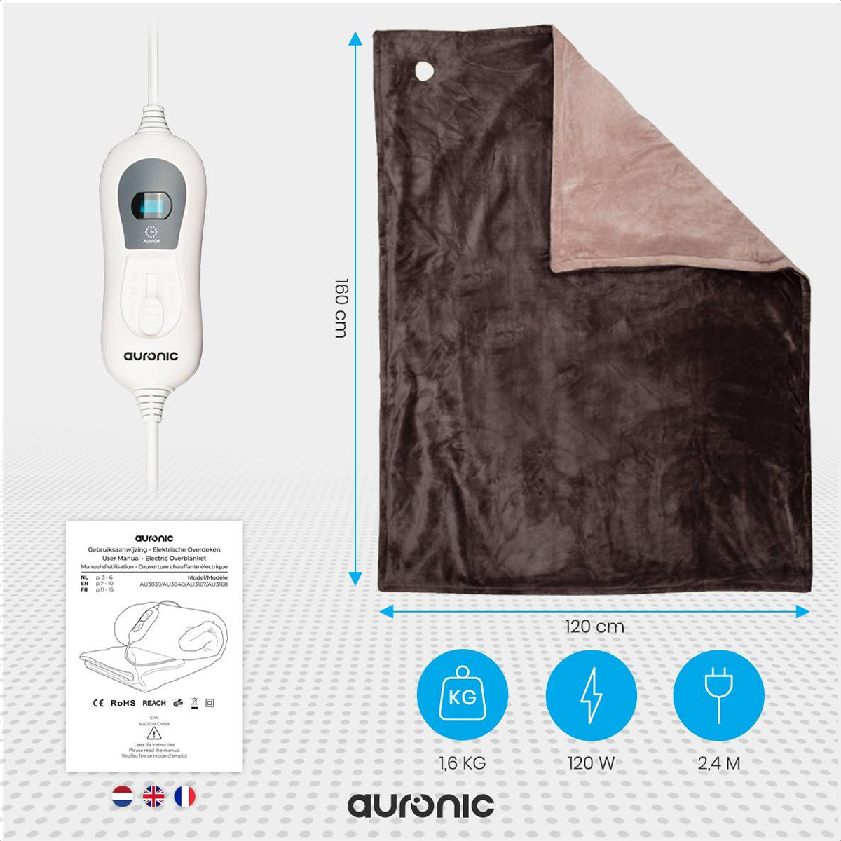 Heated blanket with control panel and product specifications displayed.