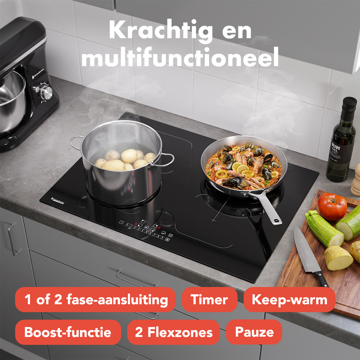 Elektrisch fornuis met eten in potten en pannen, met bedieningsknoppen.
