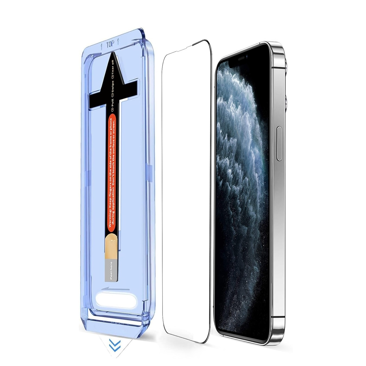 Ein blaues Ausrichtungswerkzeug mit einer Displayschutzfolie und einem Telefon.