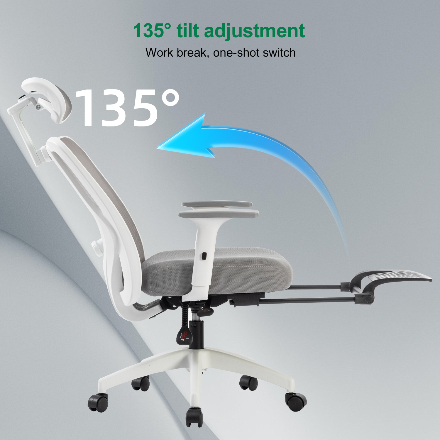 Silla de oficina ergonómica con ajuste de inclinación de 135°. Gris y blanco.