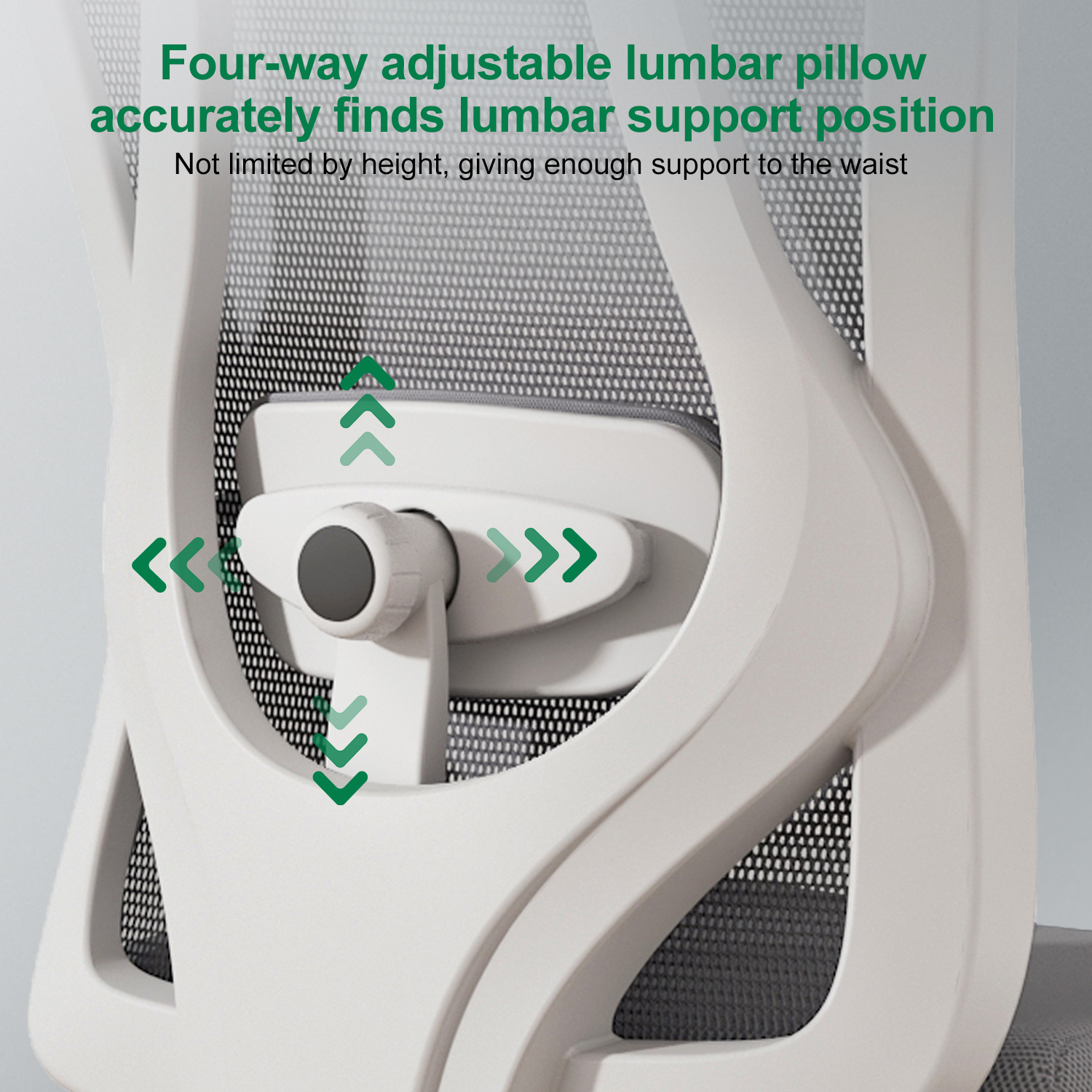 Primer plano de la parte trasera de una silla de oficina blanca con soporte lumbar ajustable.