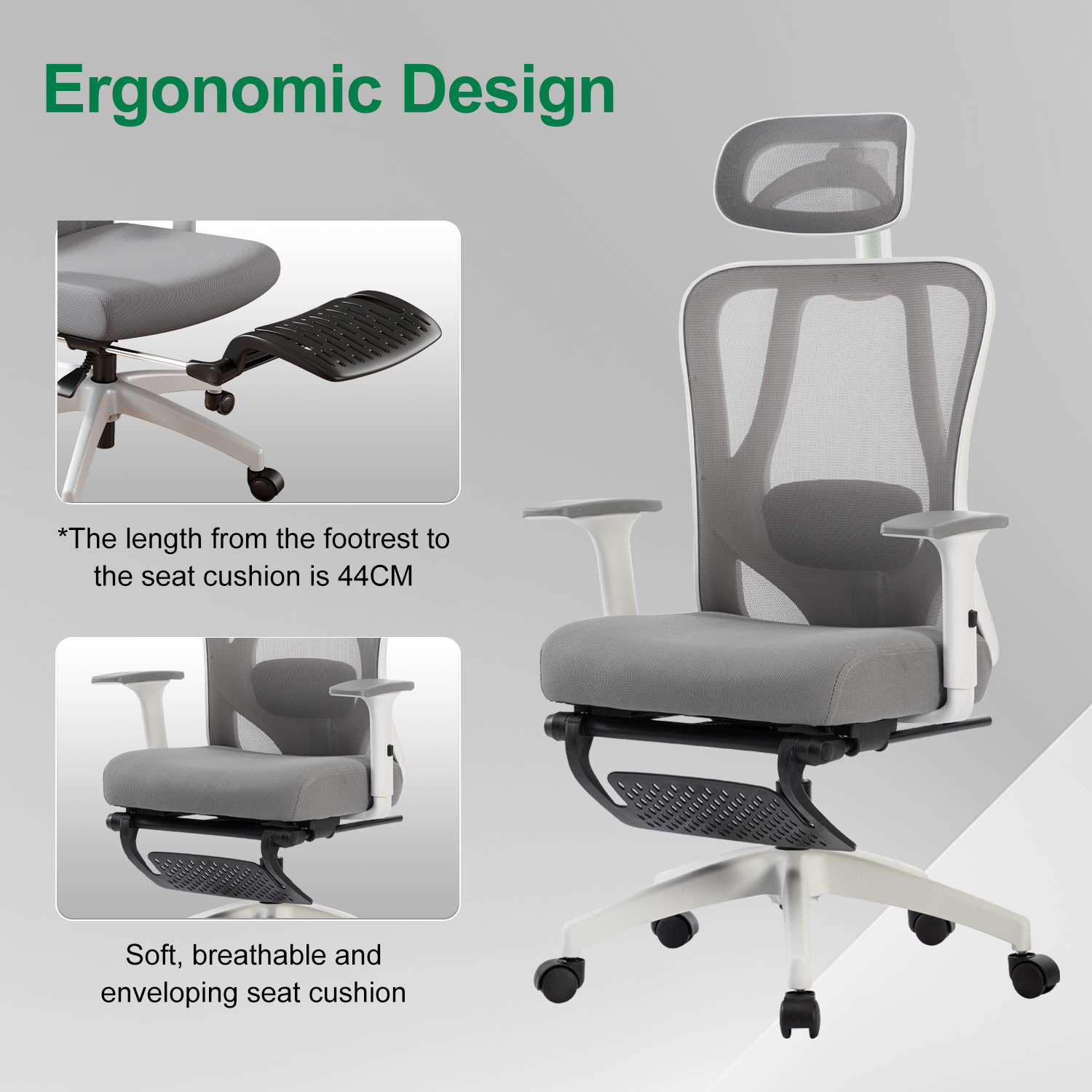 Una silla de oficina ergonómica gris y blanca con reposapiés y reposacabezas. Fondo blanco.