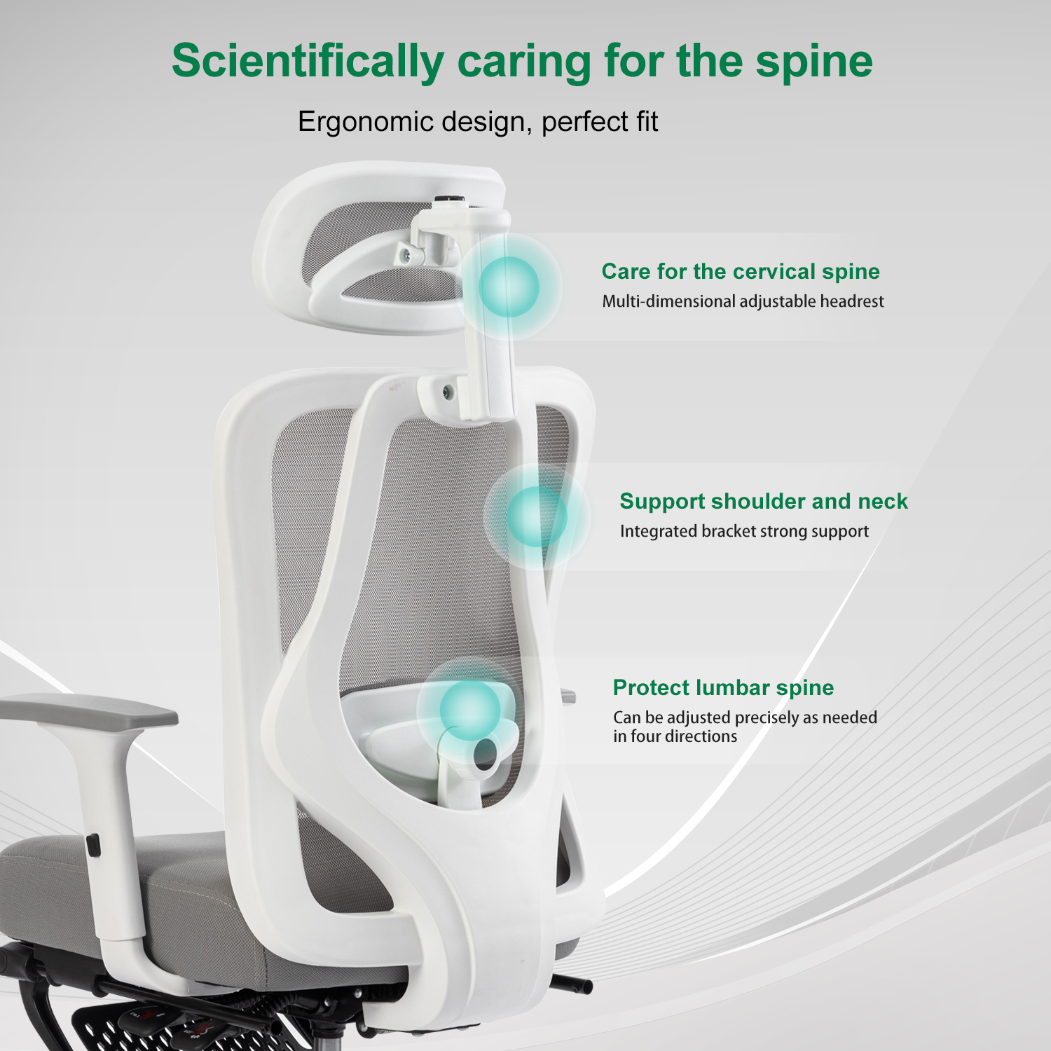 Una silla de oficina ergonómica con asiento gris y marco blanco, con etiquetas que señalan características.