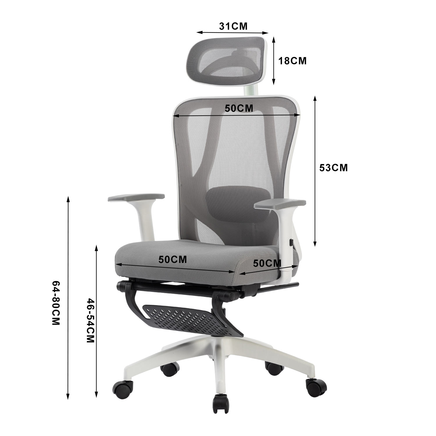 Silla de oficina ergonómica, respaldo y asiento de malla gris, ajustable con medidas.