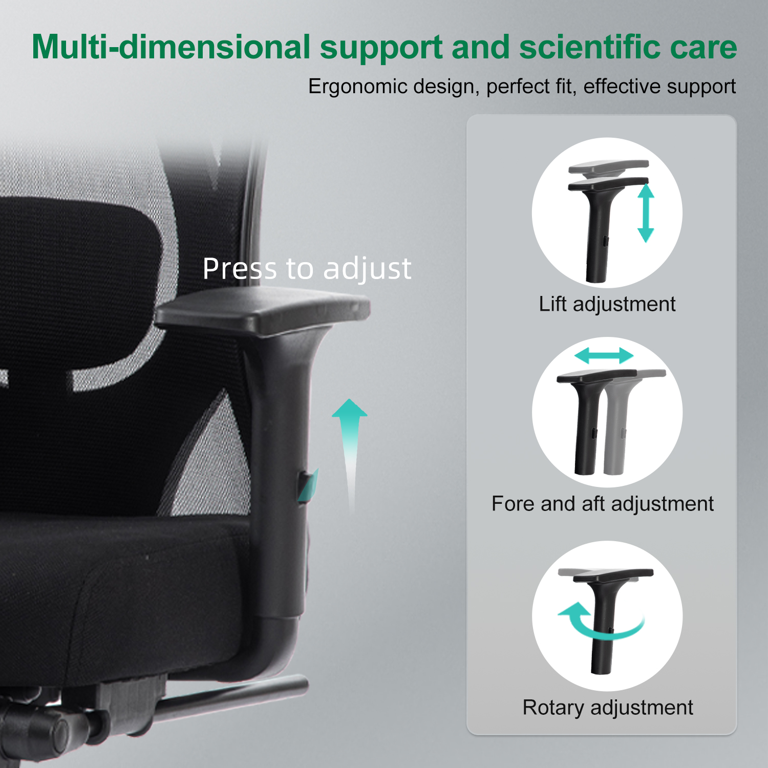 Silla de oficina ergonómica negra con diagramas de ajuste. Muestra ajustes de elevación, adelante/atrás y rotación.
