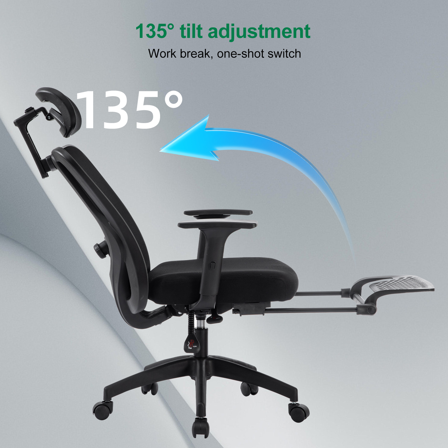 Silla de oficina ergonómica negra con ajuste de inclinación de 135°, reposapiés y reposacabezas.