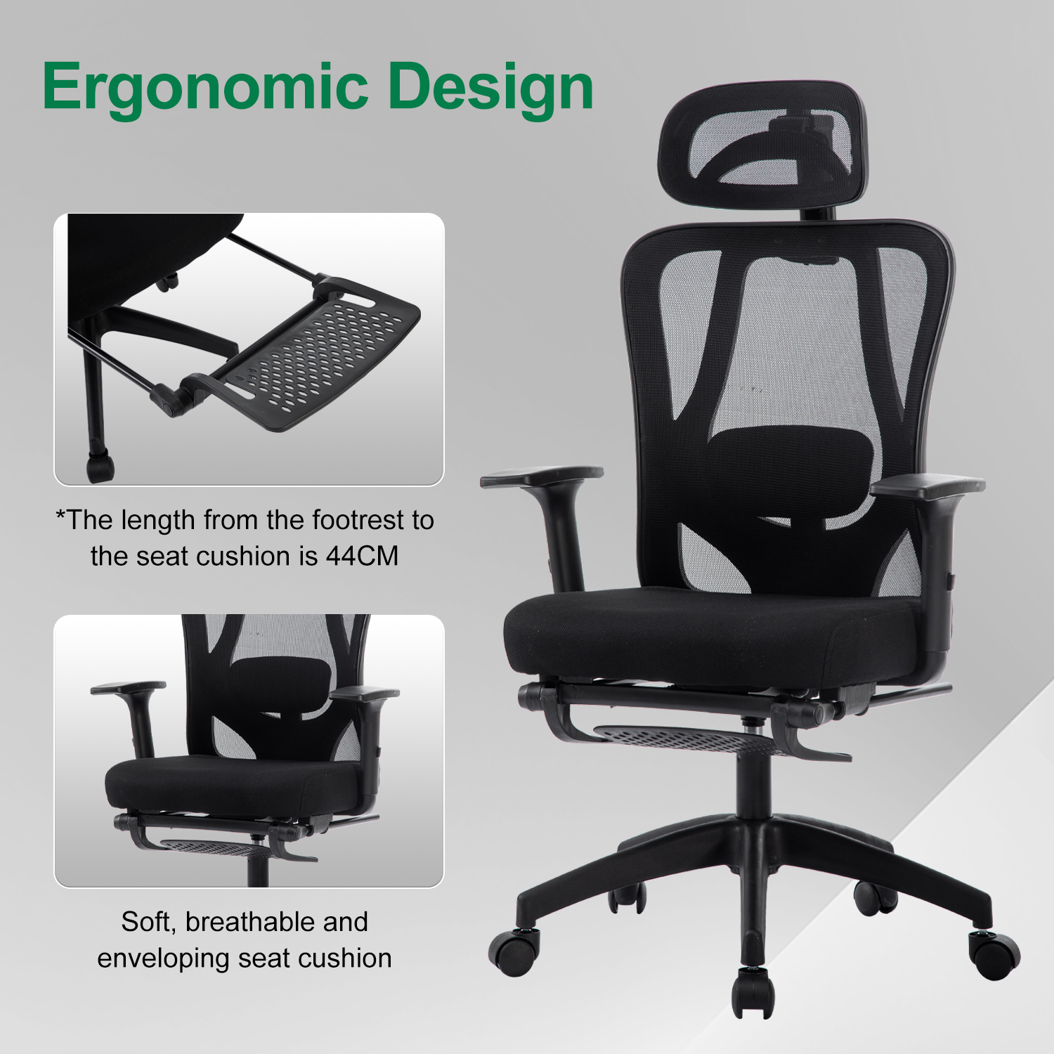 Silla de oficina ergonómica negra con reposacabezas, reposabrazos y reposapiés, con detalles.