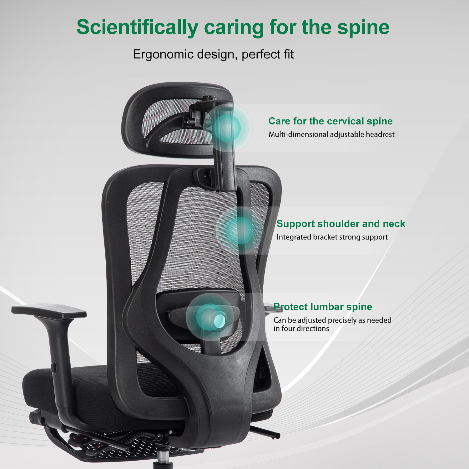 Silla de oficina ergonómica negra con respaldo de malla y reposacabezas ajustable. Apoya columna, cuello y región lumbar.