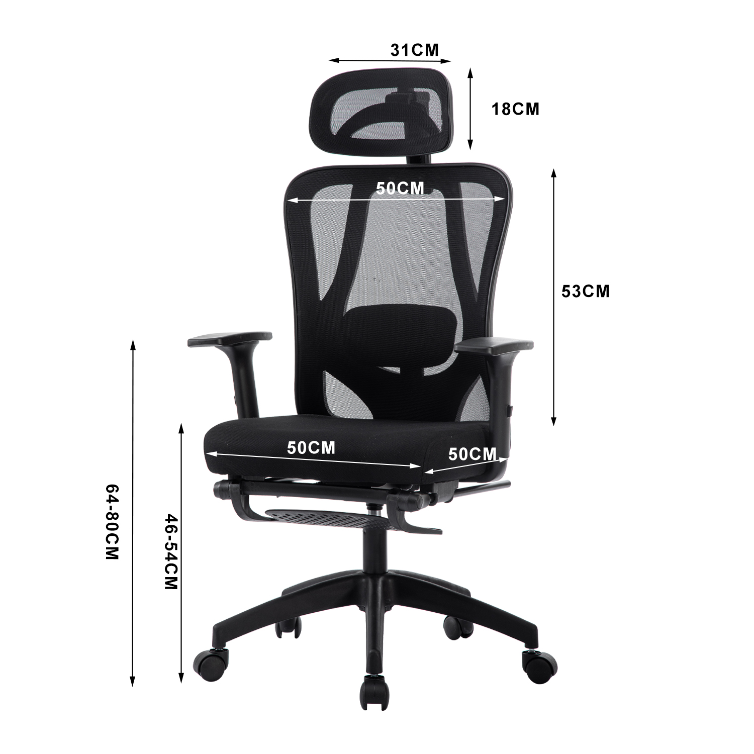 Una silla de oficina negra de malla con medidas de altura, asiento y reposacabezas.