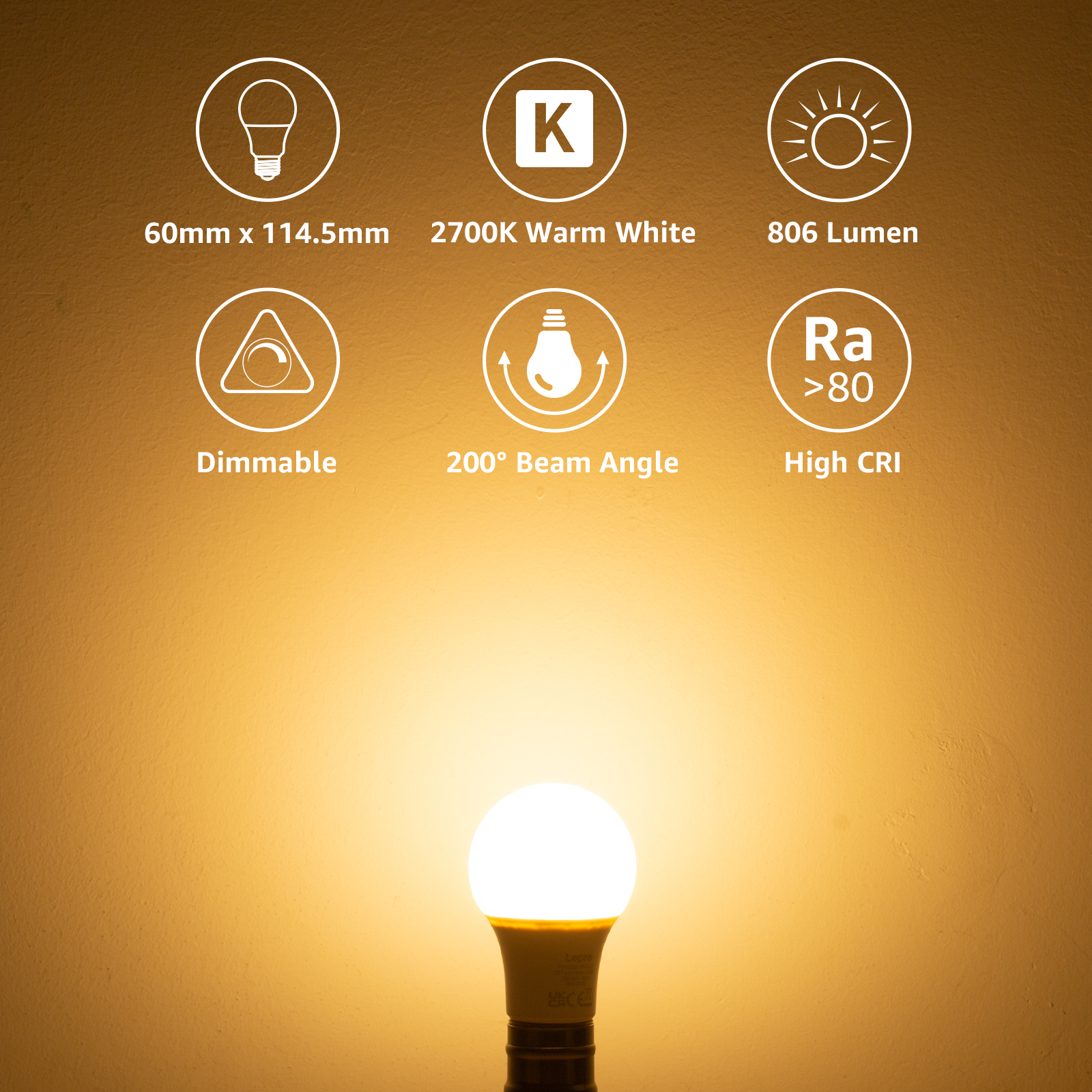 Glühbirne mit 60mmx114.5mm, 2700K warmweiß, 806 Lumen, dimmbar, 200° Abstrahlwinkel, hoher CRI.