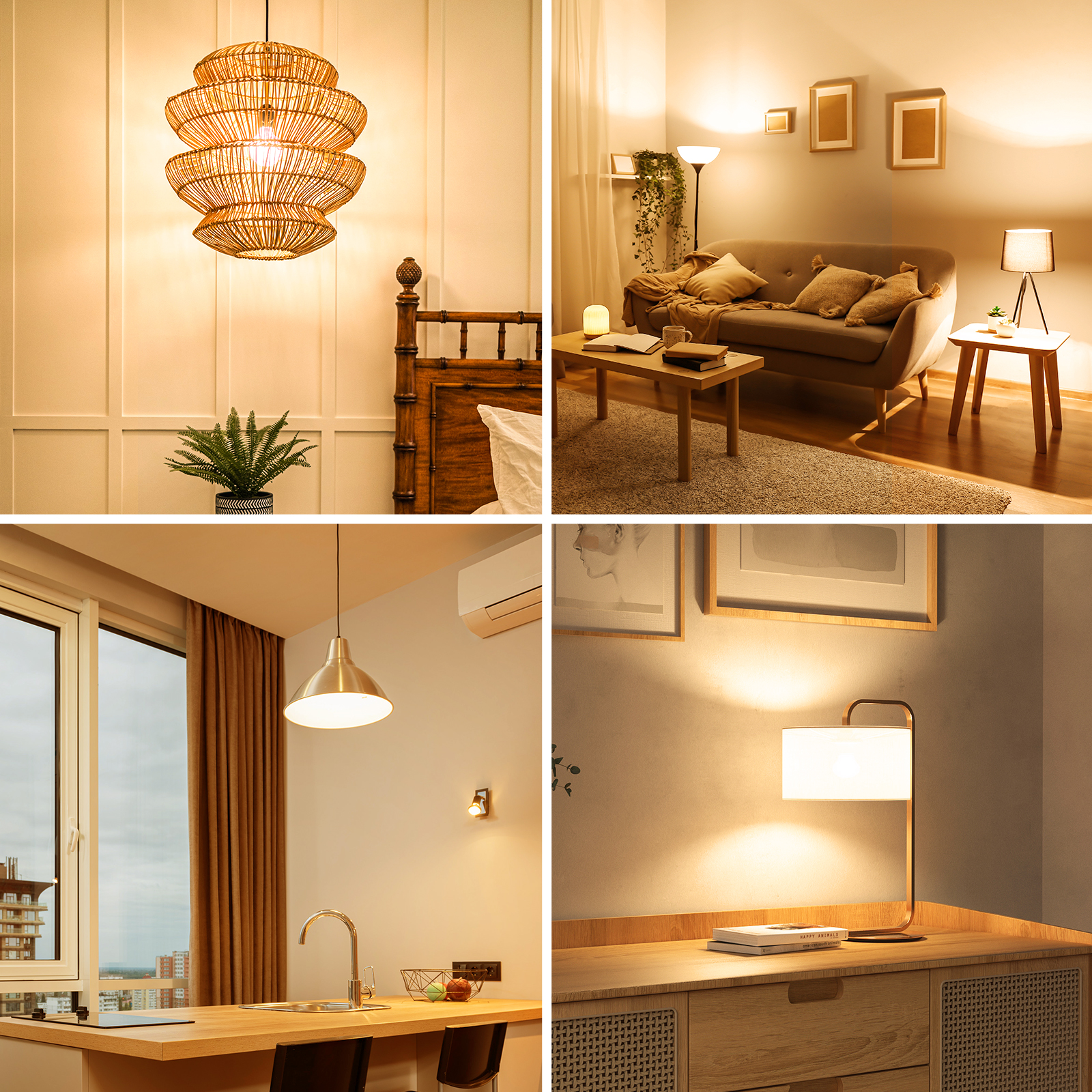 Vier Innenaufnahmen, die verschiedene Beleuchtungsschemata in einem Zuhause zeigen.
