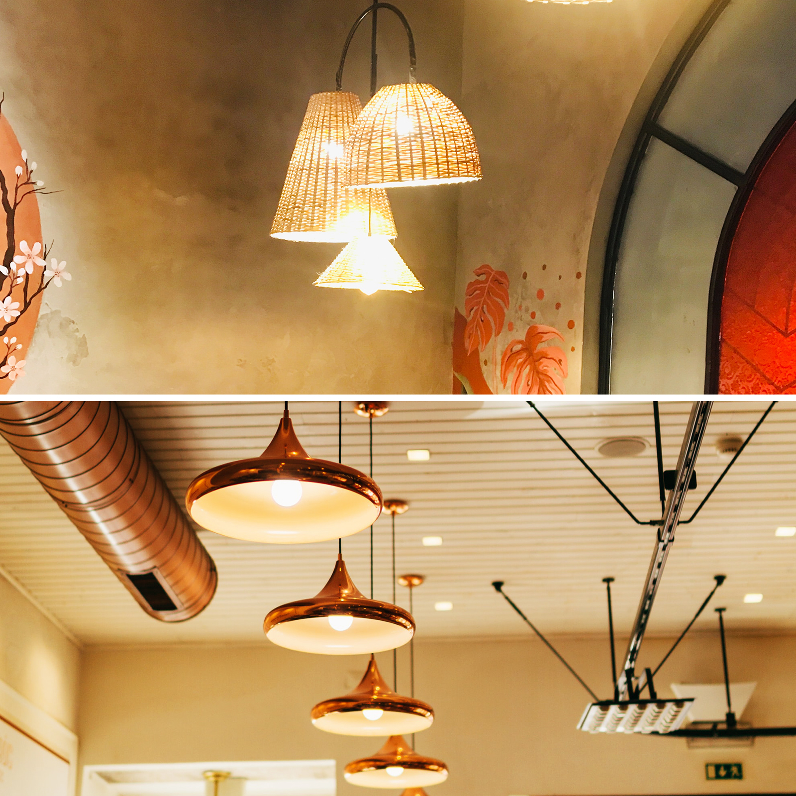 Zwei Sätze Hängelampen in einem Restaurant: Korbschirme und Kupferschirme.
