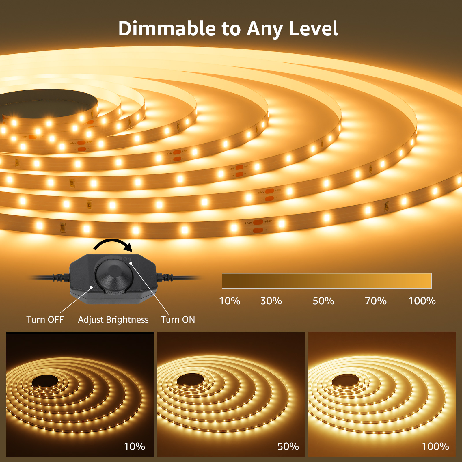 LED-Streifenlichter mit Dimmer. Die Helligkeit kann von 10% bis 100% eingestellt werden.