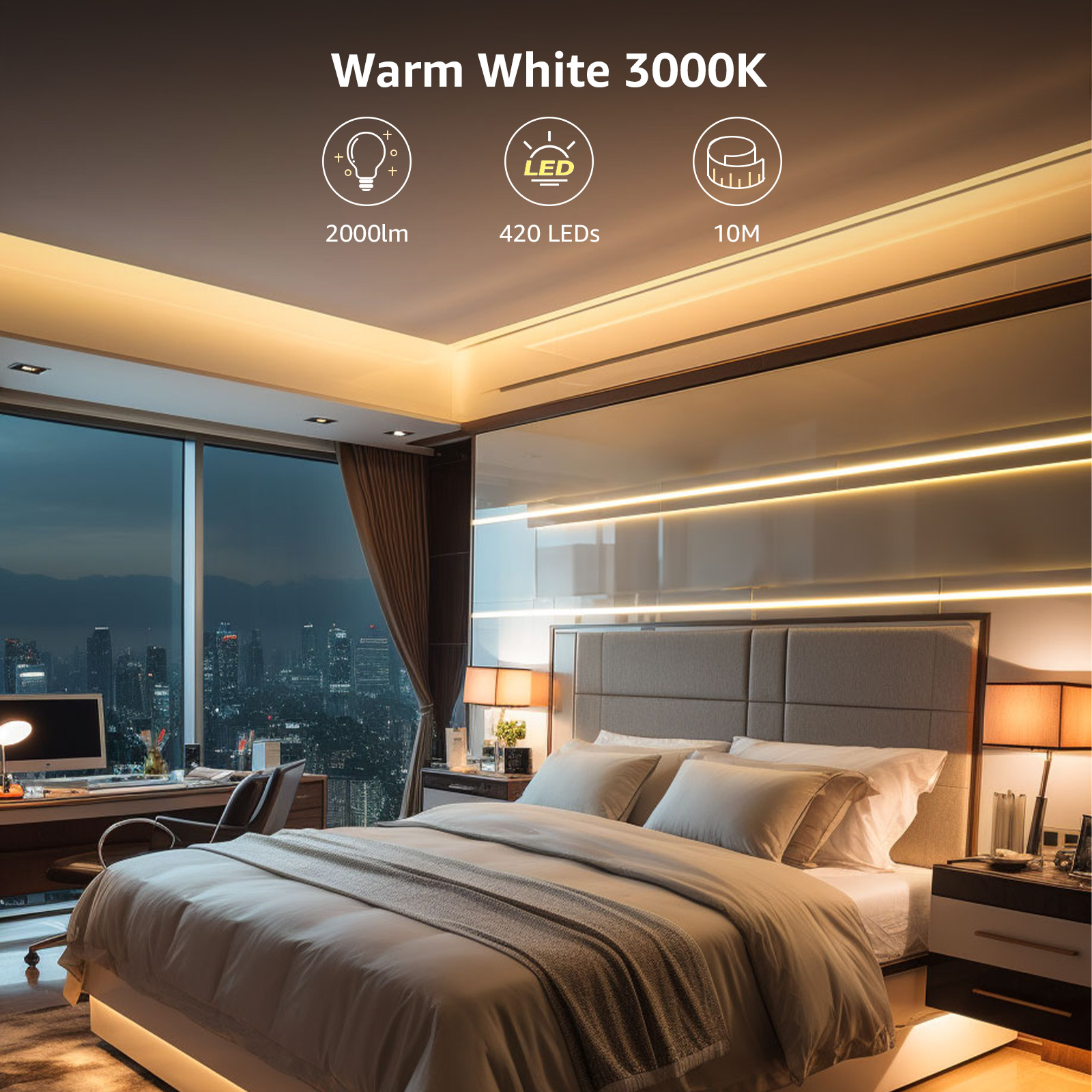 Schlafzimmer mit warmweißer LED-Streifenbeleuchtung. Bett, Schreibtisch und Stadtbild sind sichtbar.