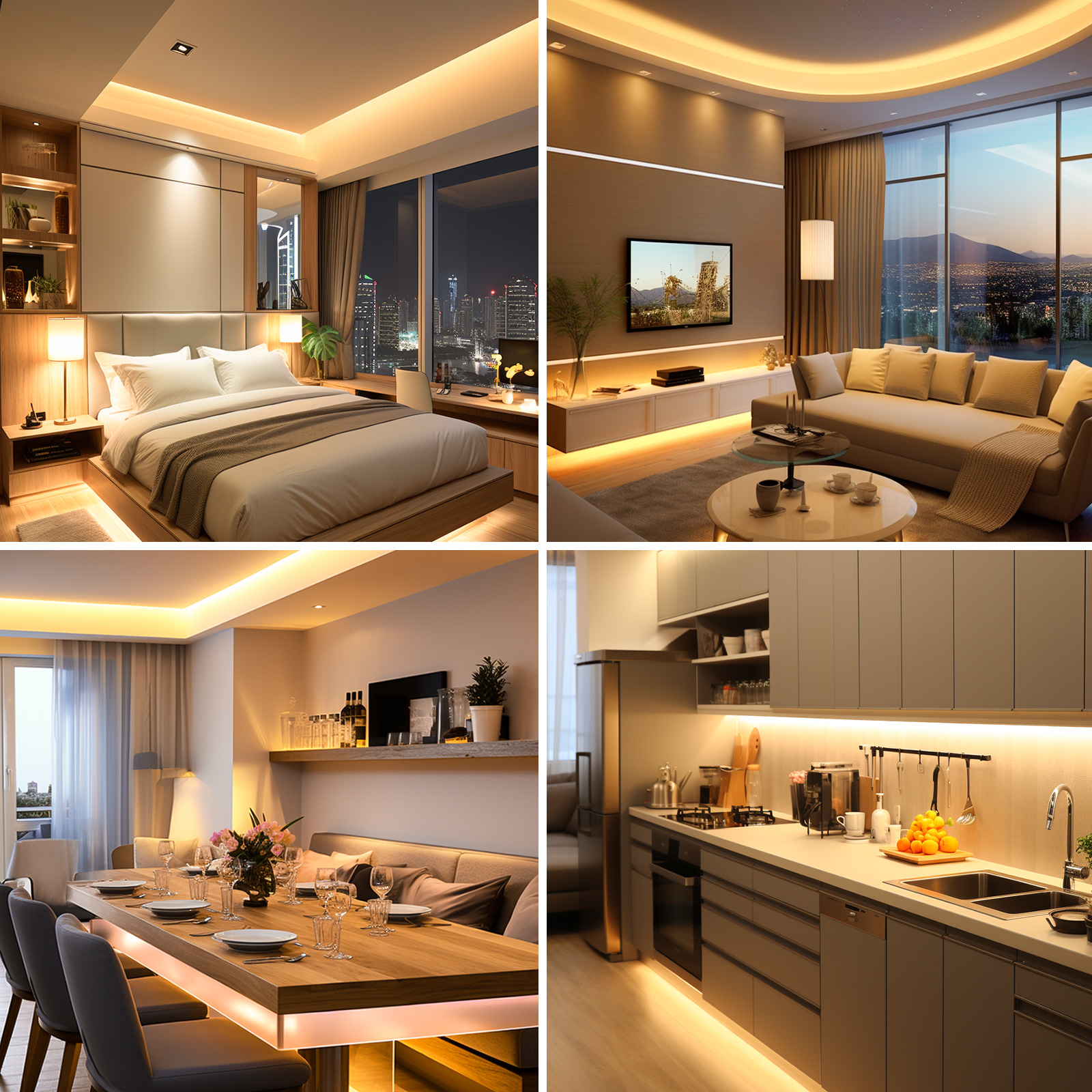Vier Innenarchitekturfotos mit Schlafzimmer, Wohnzimmer, Esszimmer und Küche.
