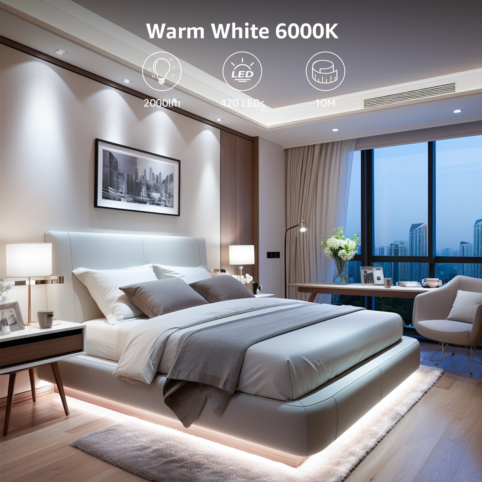 Ein modernes Schlafzimmer mit LED-Streifenlichtern. Die Lichter sind unter dem Bett, an der Decke und hinter dem Kopfteil.