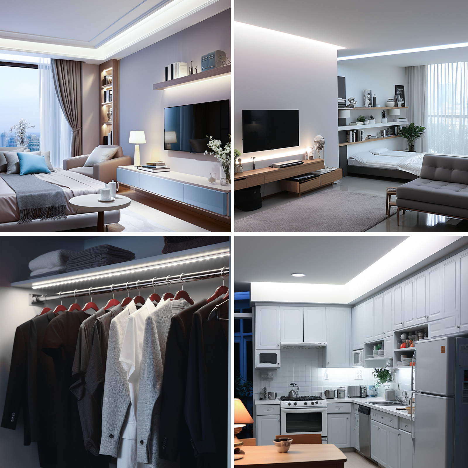 Collage von Innenräumen mit LED-Streifenbeleuchtung, die in verschiedenen Umgebungen installiert ist.