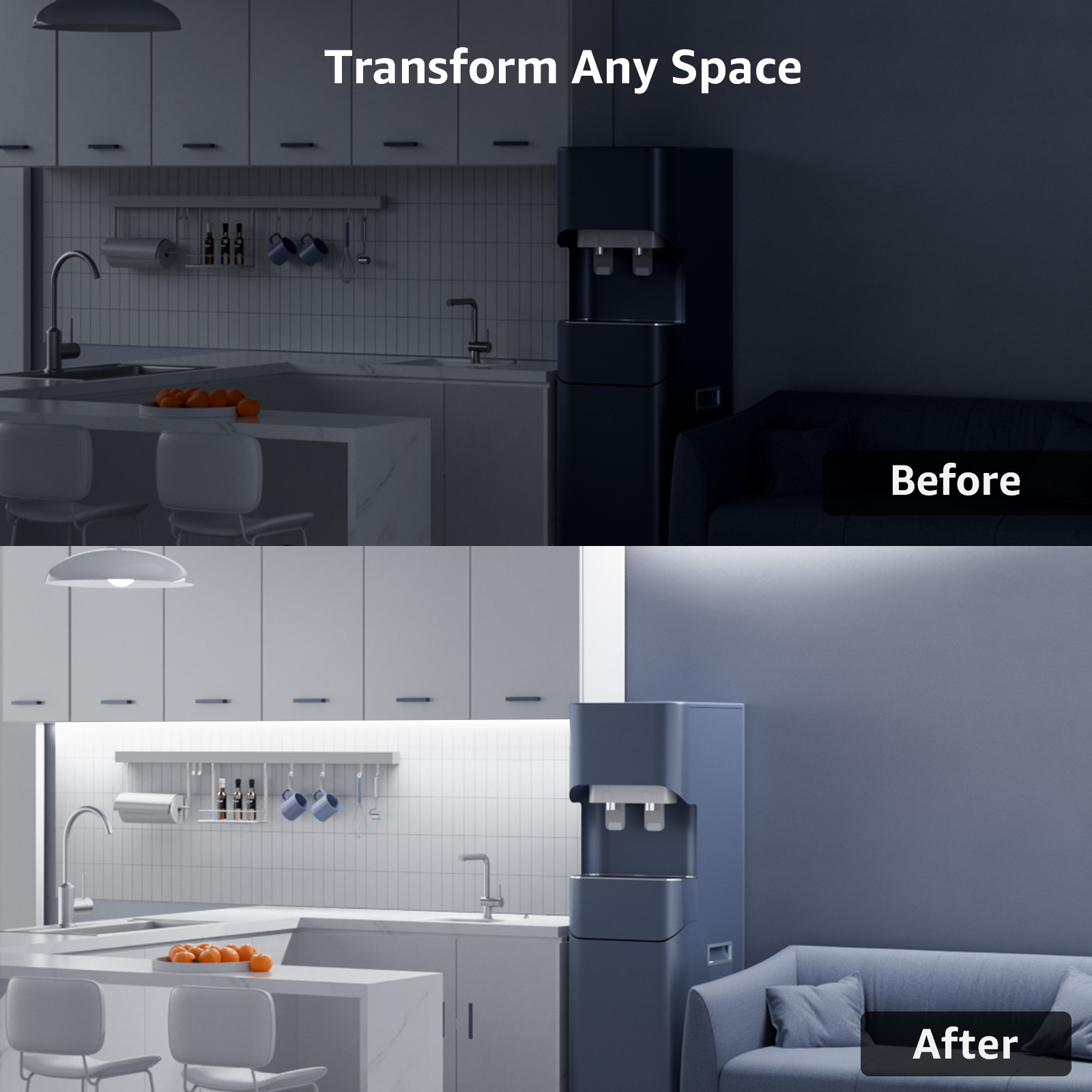 Küchentransformation vorher und nachher. Dunkle Küche mit Wasserspender wird zu weißer Küche.