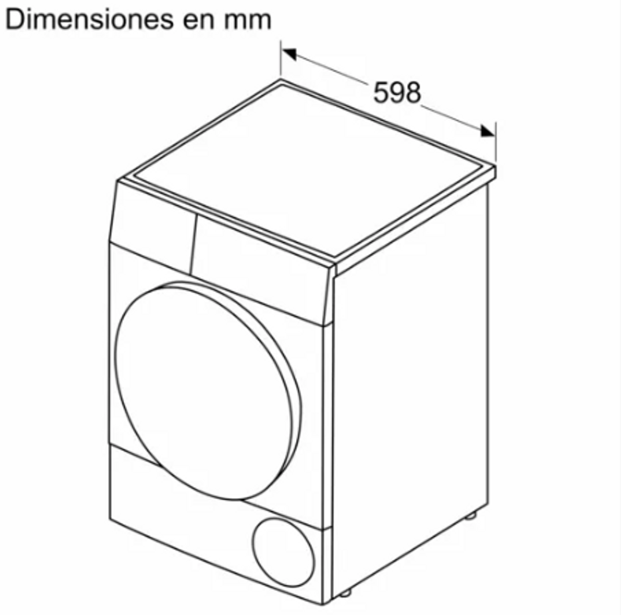 Dibujo lineal de una lavadora desde arriba. El texto indica dimensiones en mm (598).