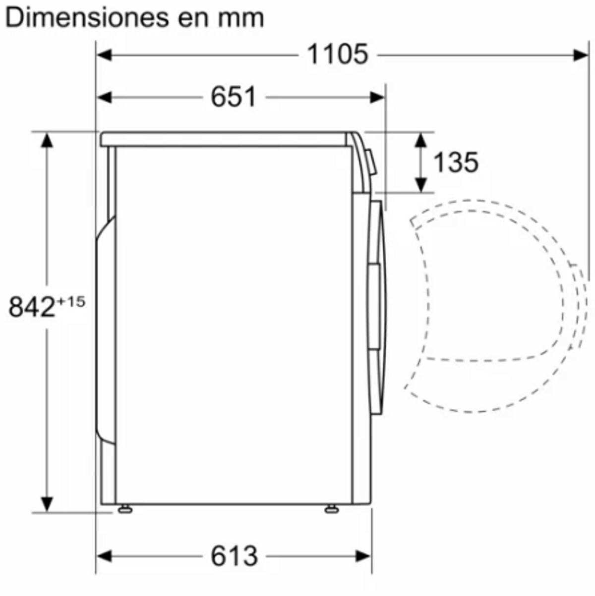 Diagrama de vista lateral de una lavadora con dimensiones en mm, con una puerta abierta que muestra una forma curva.
