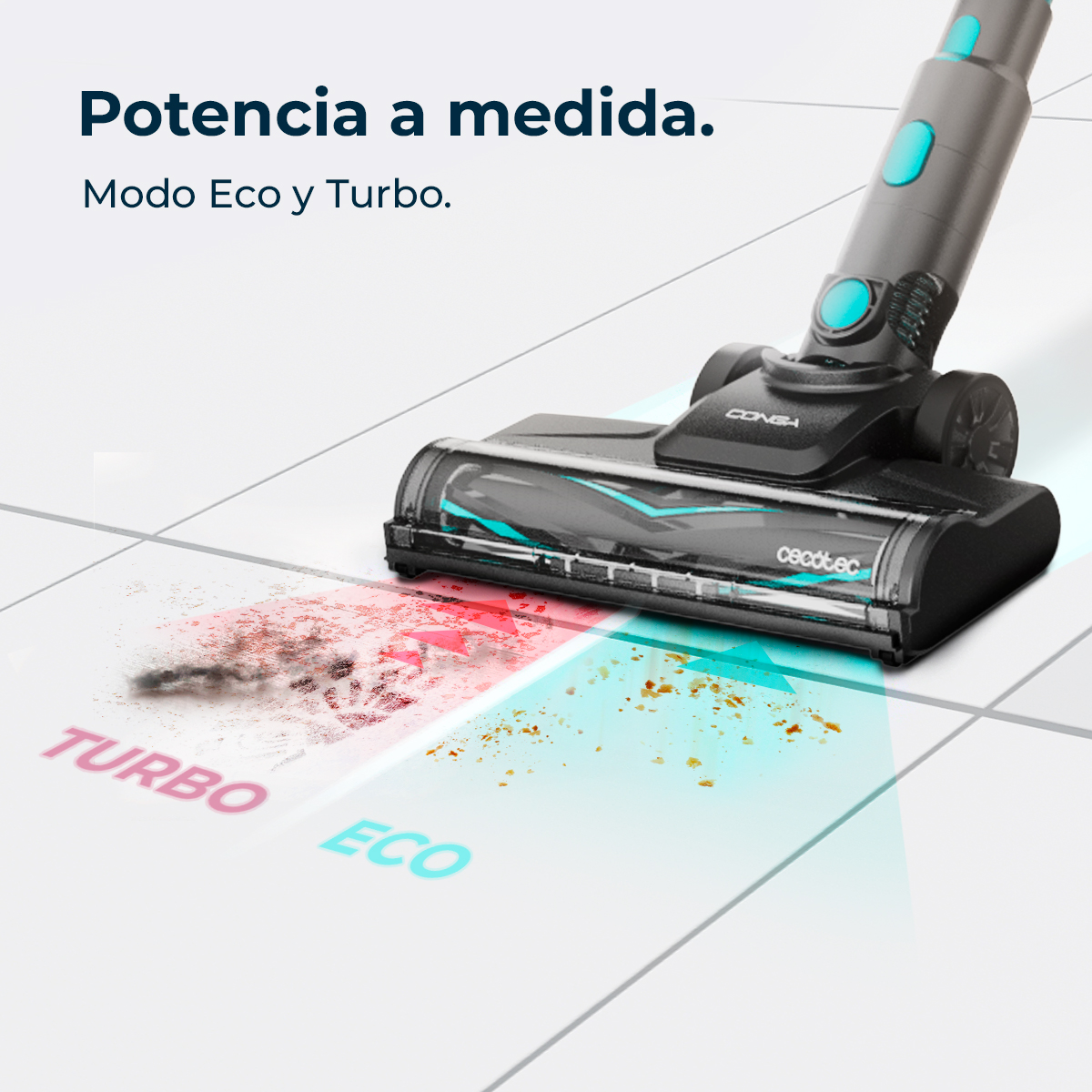 Un aspirapolvere pulisce il pavimento, con modalità turbo ed eco.