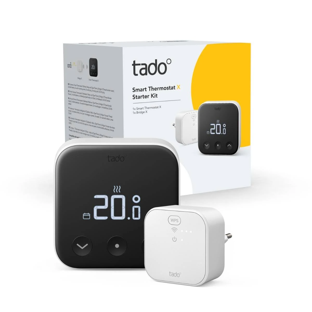 Tado Smart Thermostat X starterkit, doos en apparaten, witte achtergrond.
