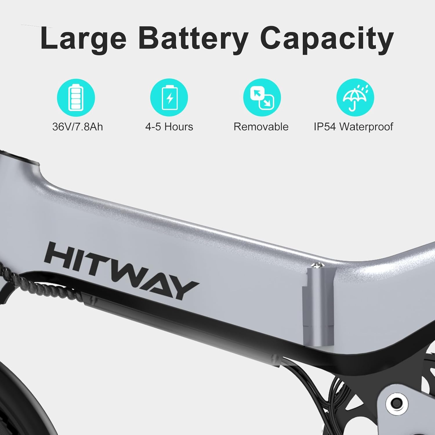 Srebrny akumulator do roweru elektrycznego z ikonami pojemności, czasu ładowania i IP54.