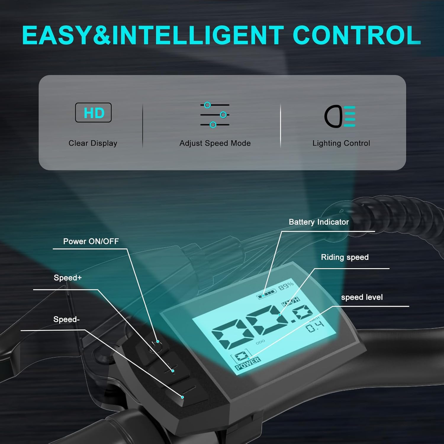 Zbliżenie wyświetlacza roweru elektrycznego pokazujące prędkość, baterię i inne funkcje sterowania.