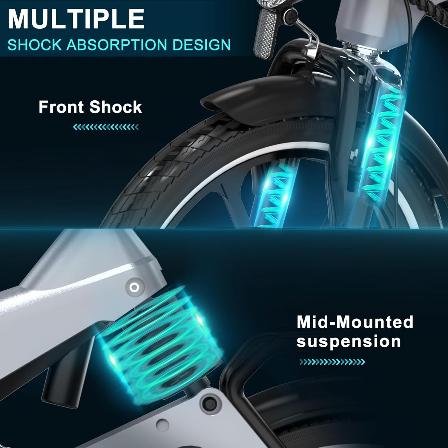 Szczegóły zawieszenia roweru: przednie i środkowe systemy zawieszenia.