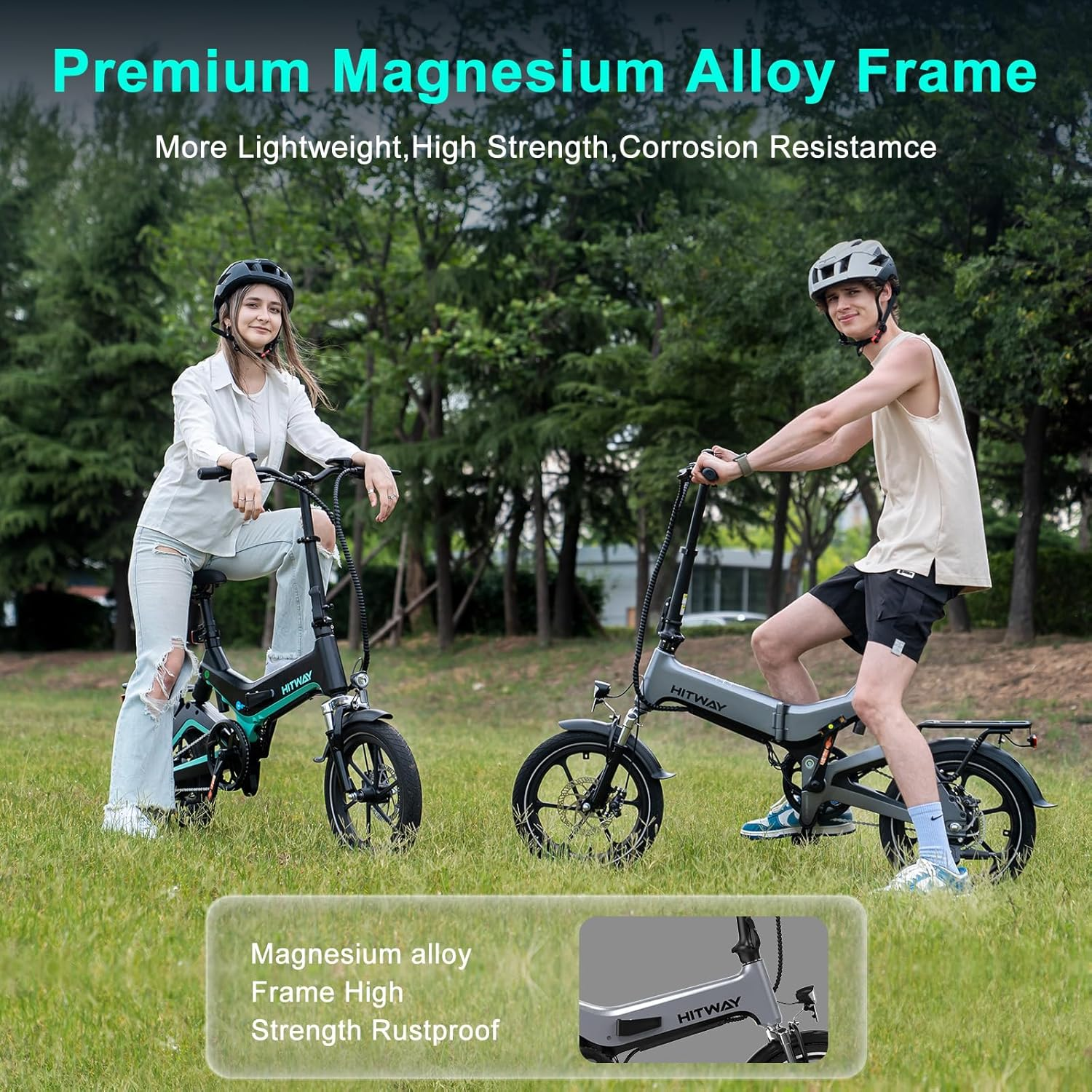 Dwie osoby na rowerach elektrycznych na trawiastym terenie, z tekstem o ramie.