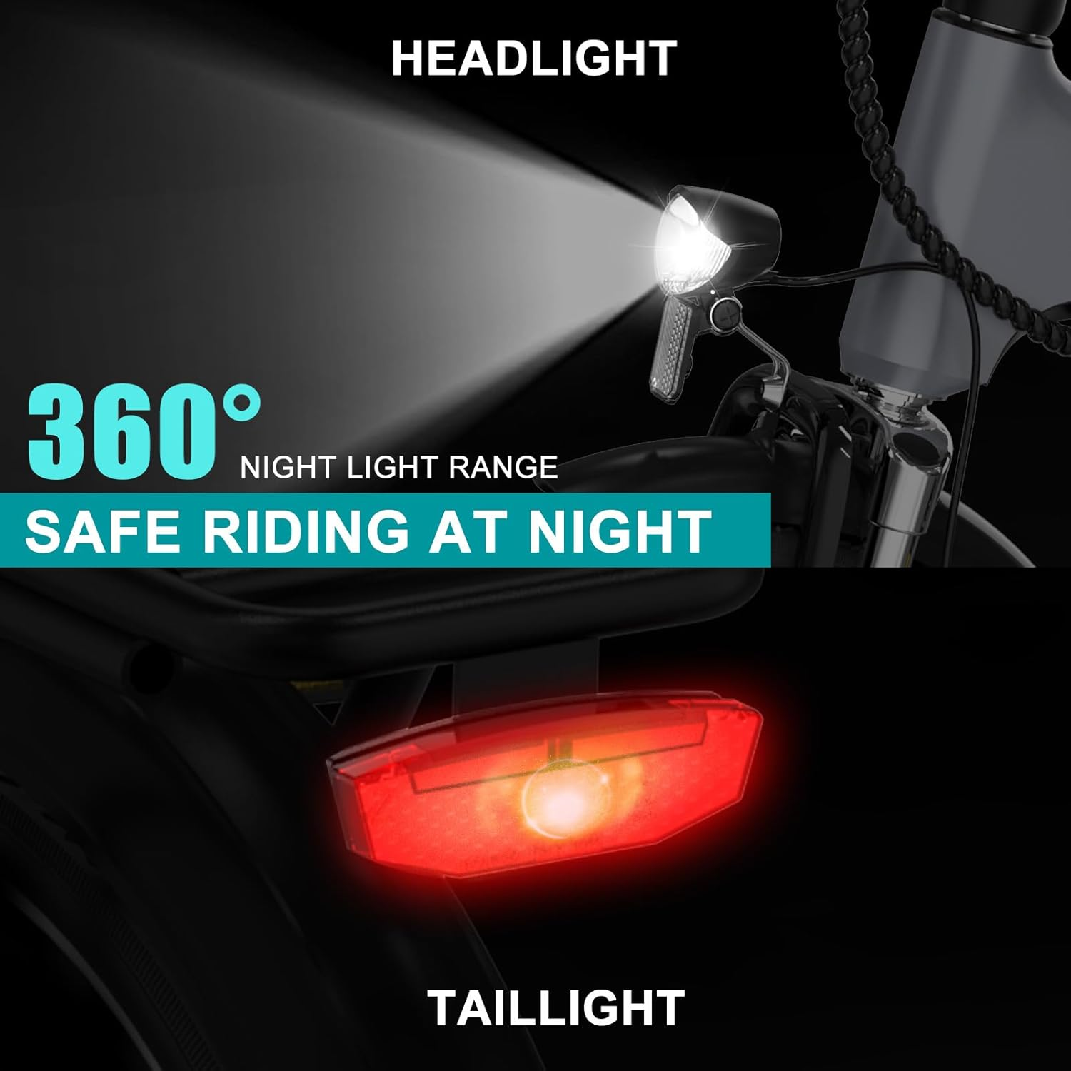 Obrazy reflektora i tylnego światła roweru z tekstem, podkreślające bezpieczną jazdę nocą i widoczność 360 stopni.