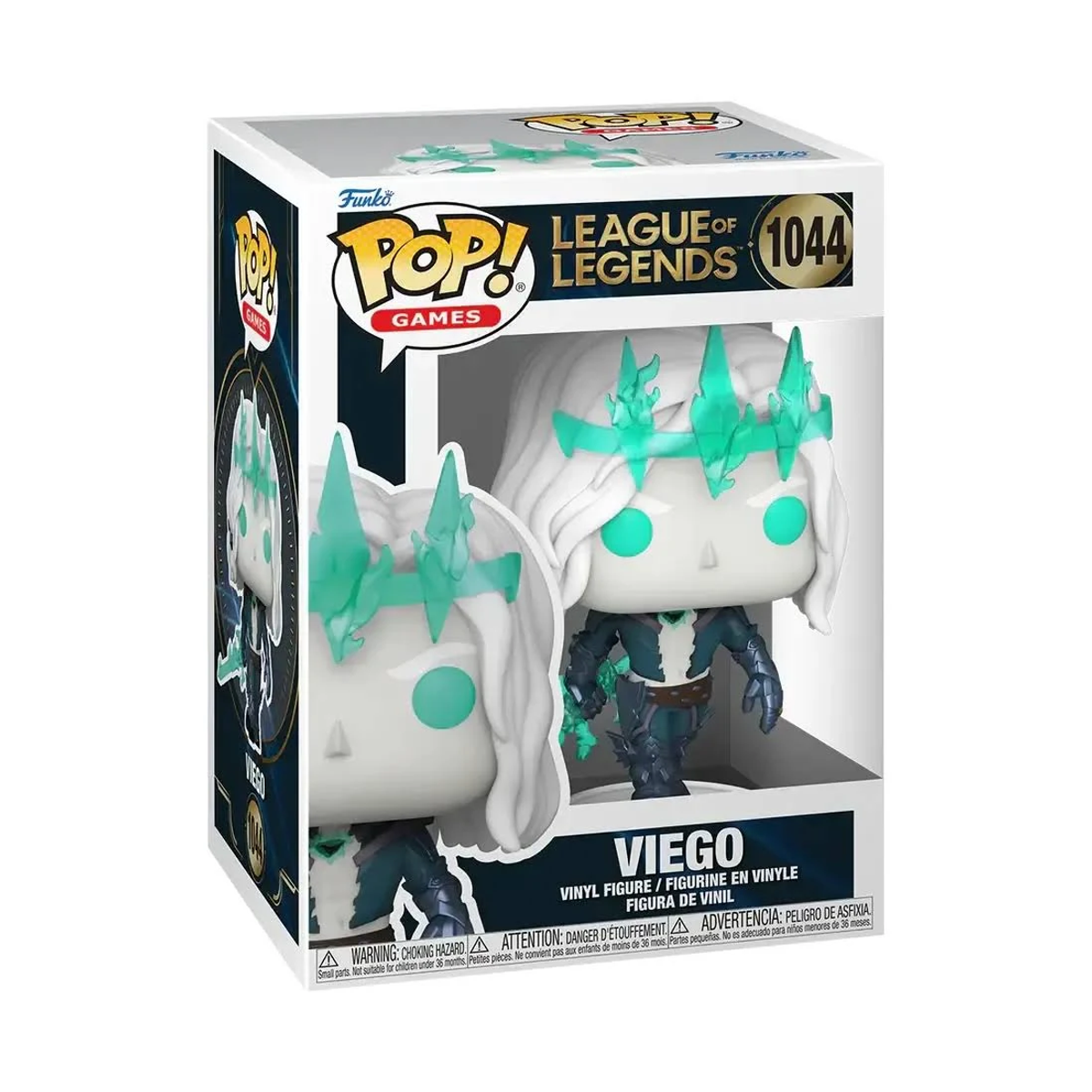 Personaggio Funko Pop di Viego in una scatola. Personaggio dai capelli bianchi.