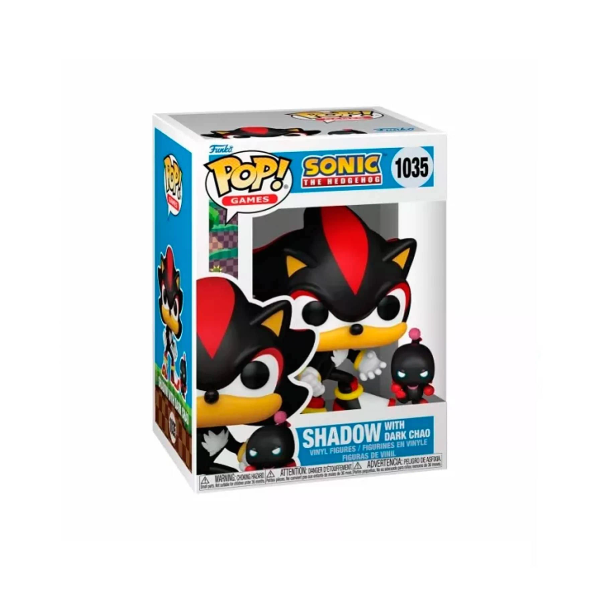 Caja Funko Pop con Shadow con Dark Chao. La caja muestra el personaje y el arte de la caja.