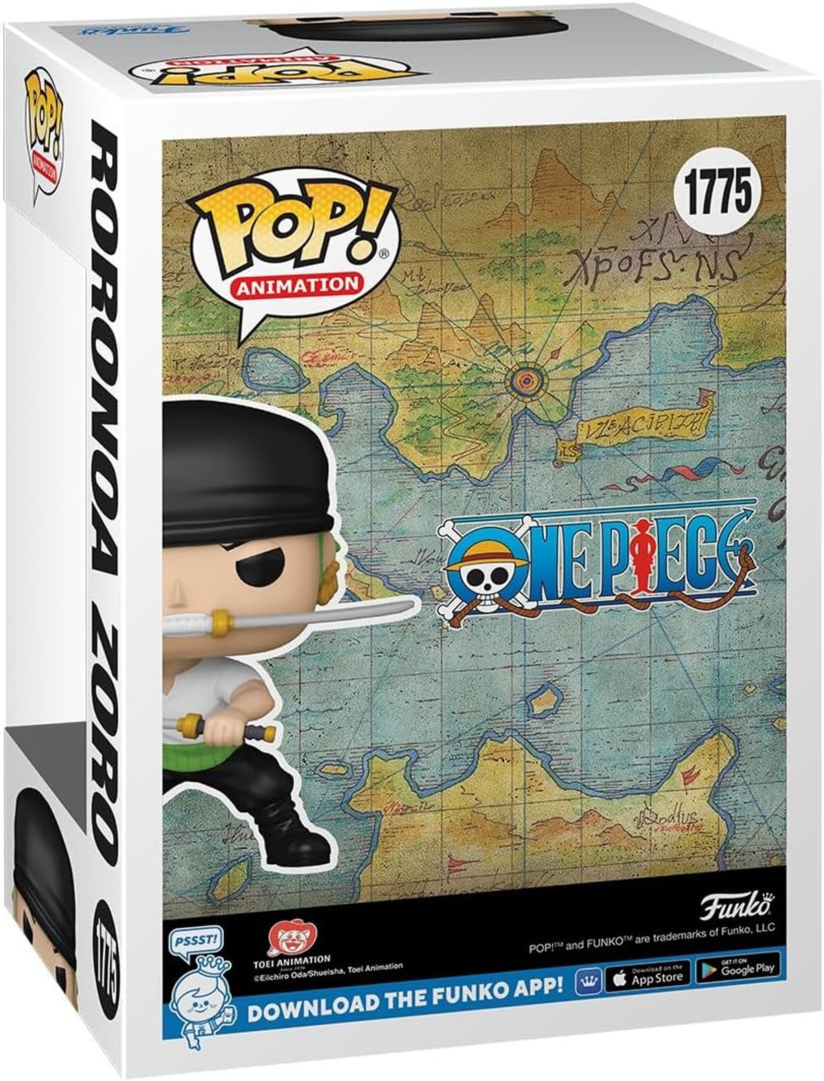 Schachtel einer Funko Pop! Figur von Roronoa Zoro, aus One Piece. Die Schachtel zeigt eine Karte als Hintergrund.