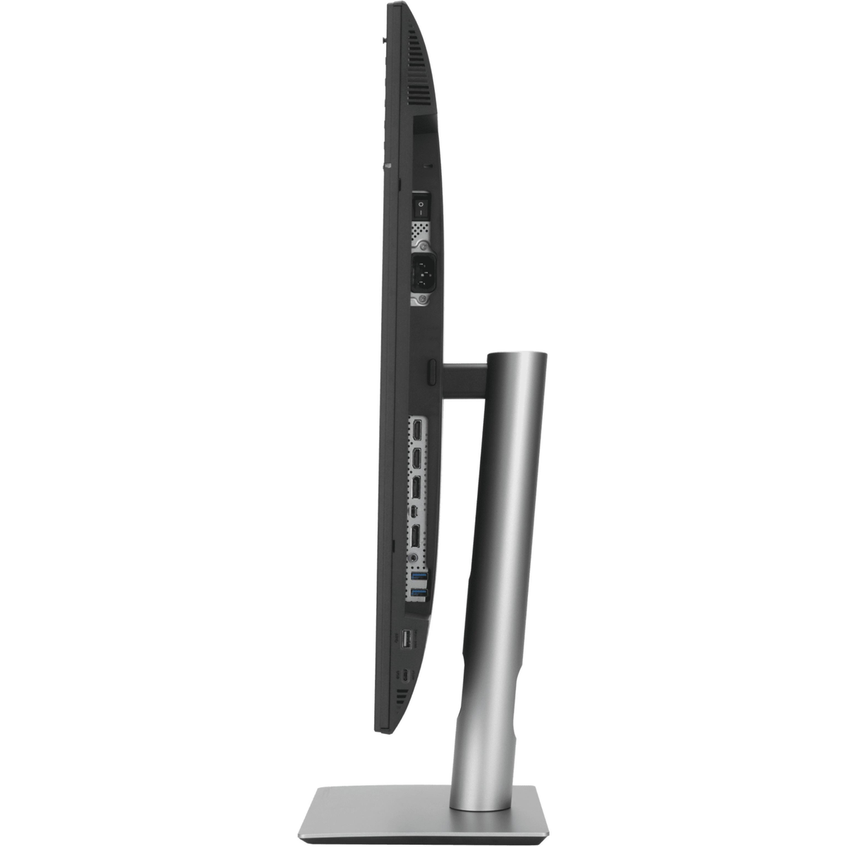 Widok z boku czarnego monitora komputera na srebrnej podstawie.