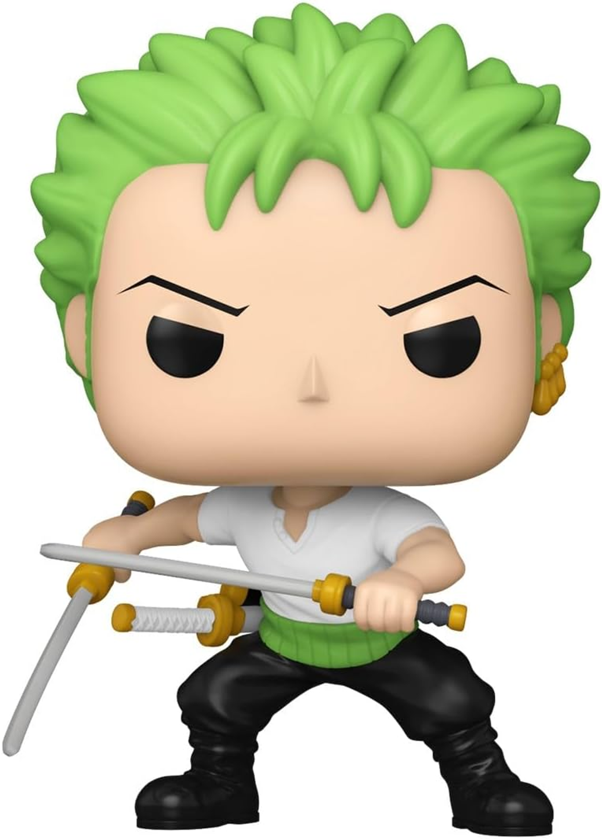 Una figura Funko Pop di un personaggio anime con i capelli verdi, che tiene due spade.