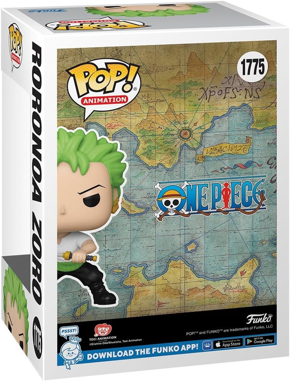Scatola Funko Pop di Roronoa Zoro di One Piece, con sfondo mappa.