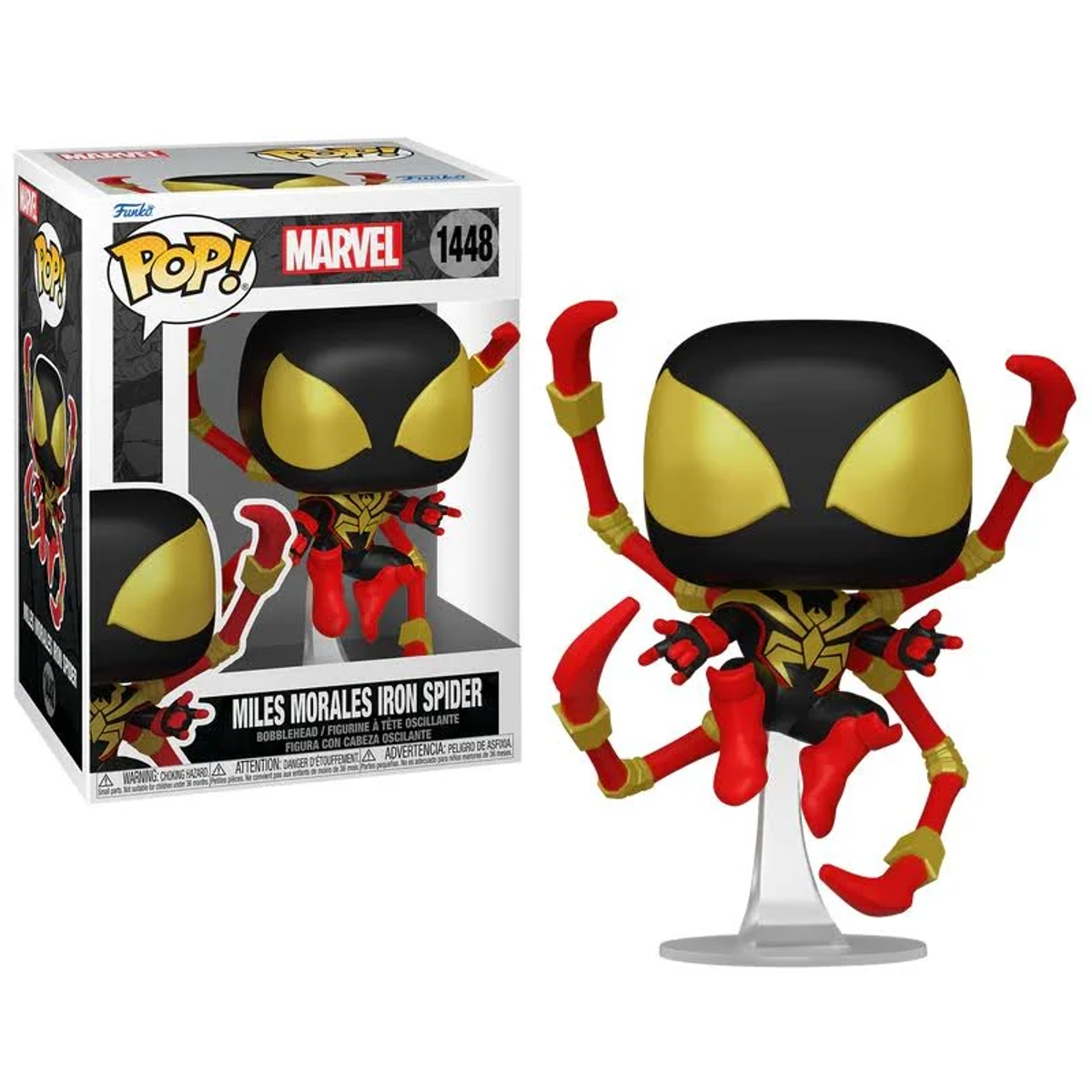 Figura de Miles Morales Iron Spider en una caja, con arte de la caja mostrando el diseño de la figura.