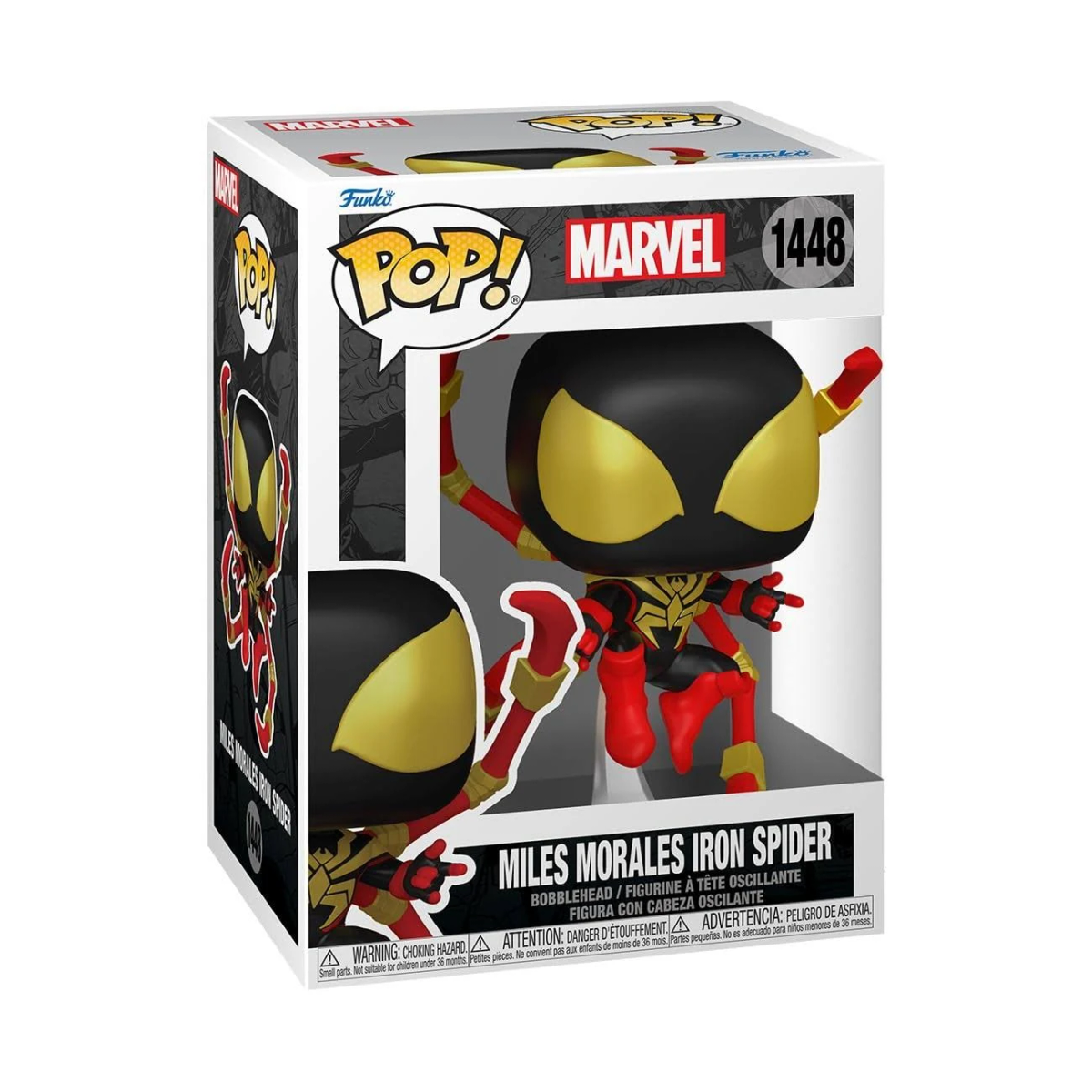 Una figura Funko Pop de Iron Spider en una caja. Fondo blanco.