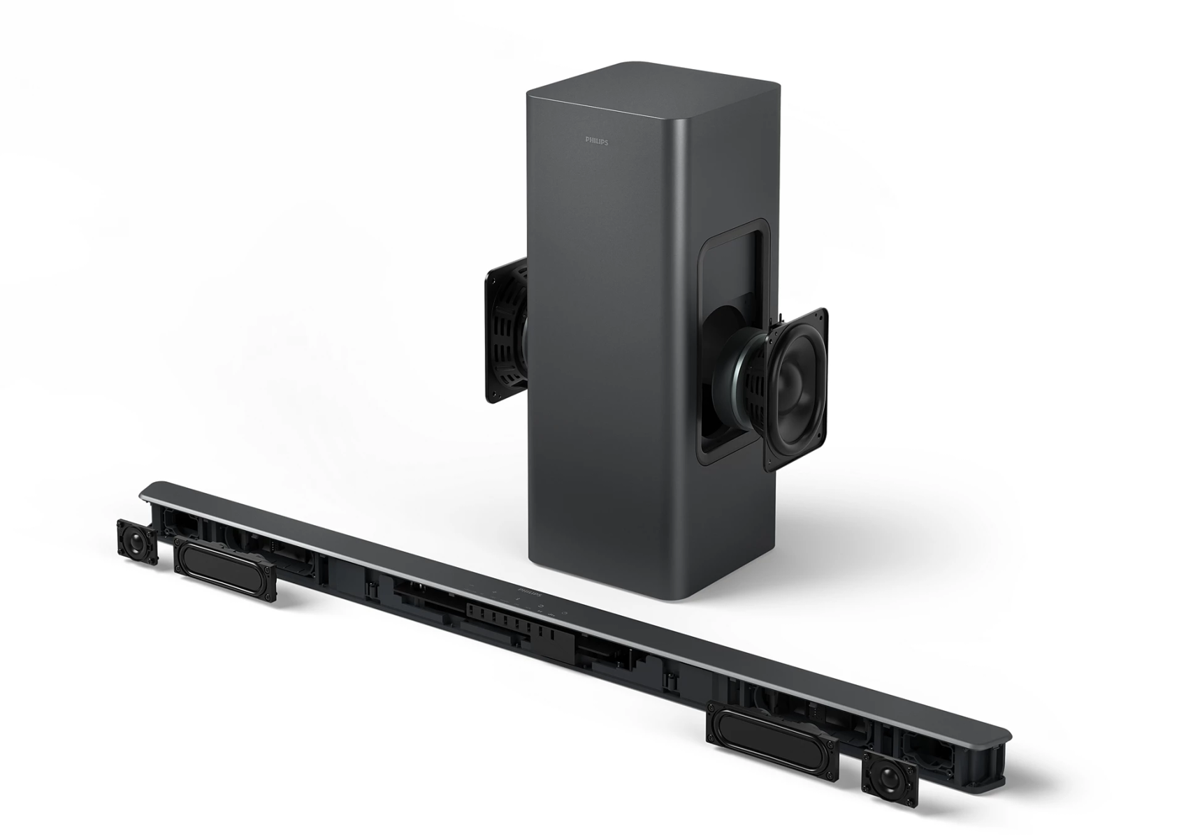Una soundbar nera con un subwoofer. Il subwoofer ha due altoparlanti visibili sul lato.