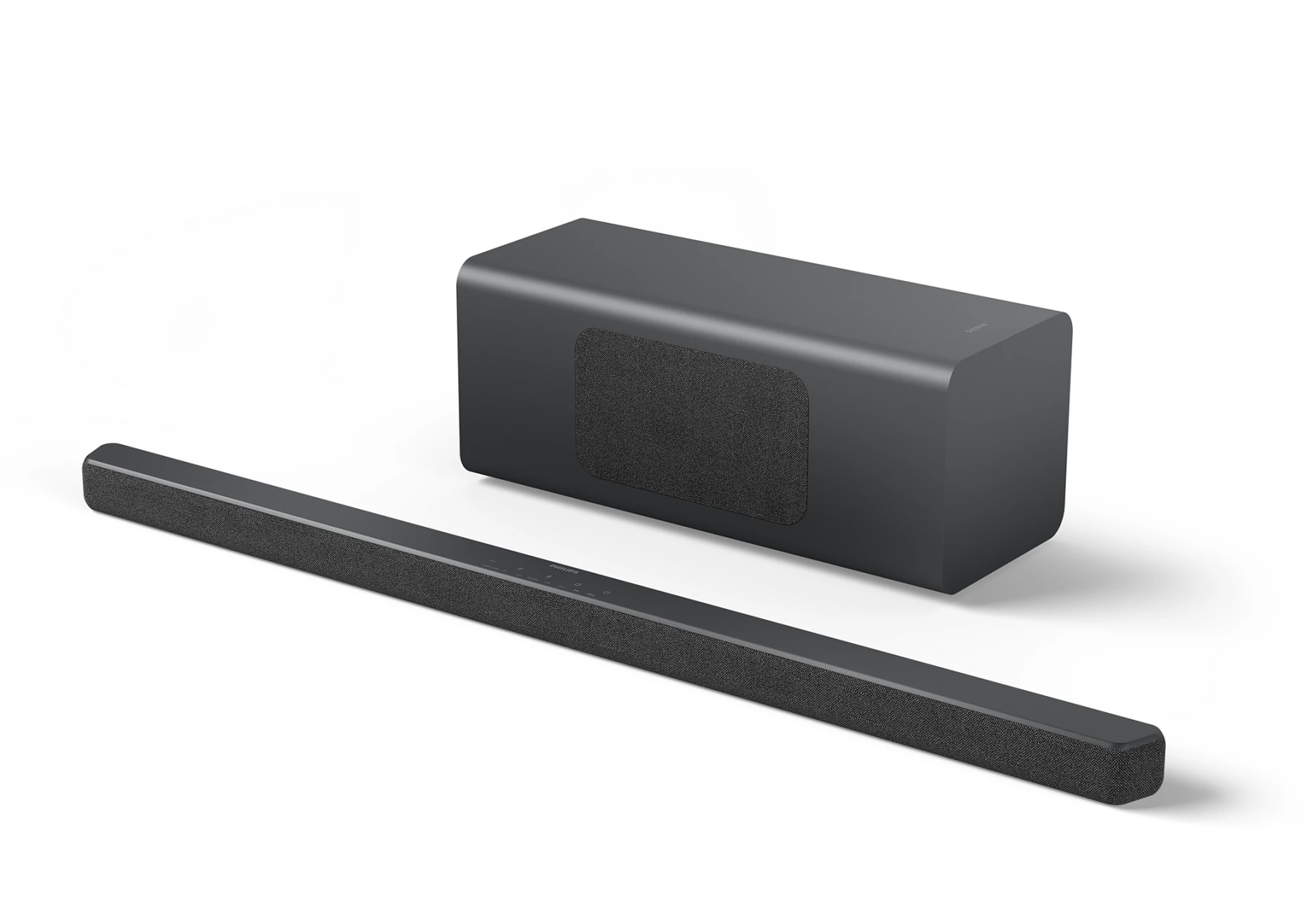 Soundbar e subwoofer grigio scuro su sfondo bianco. Design moderno. Sistema audio per l'home entertainment.